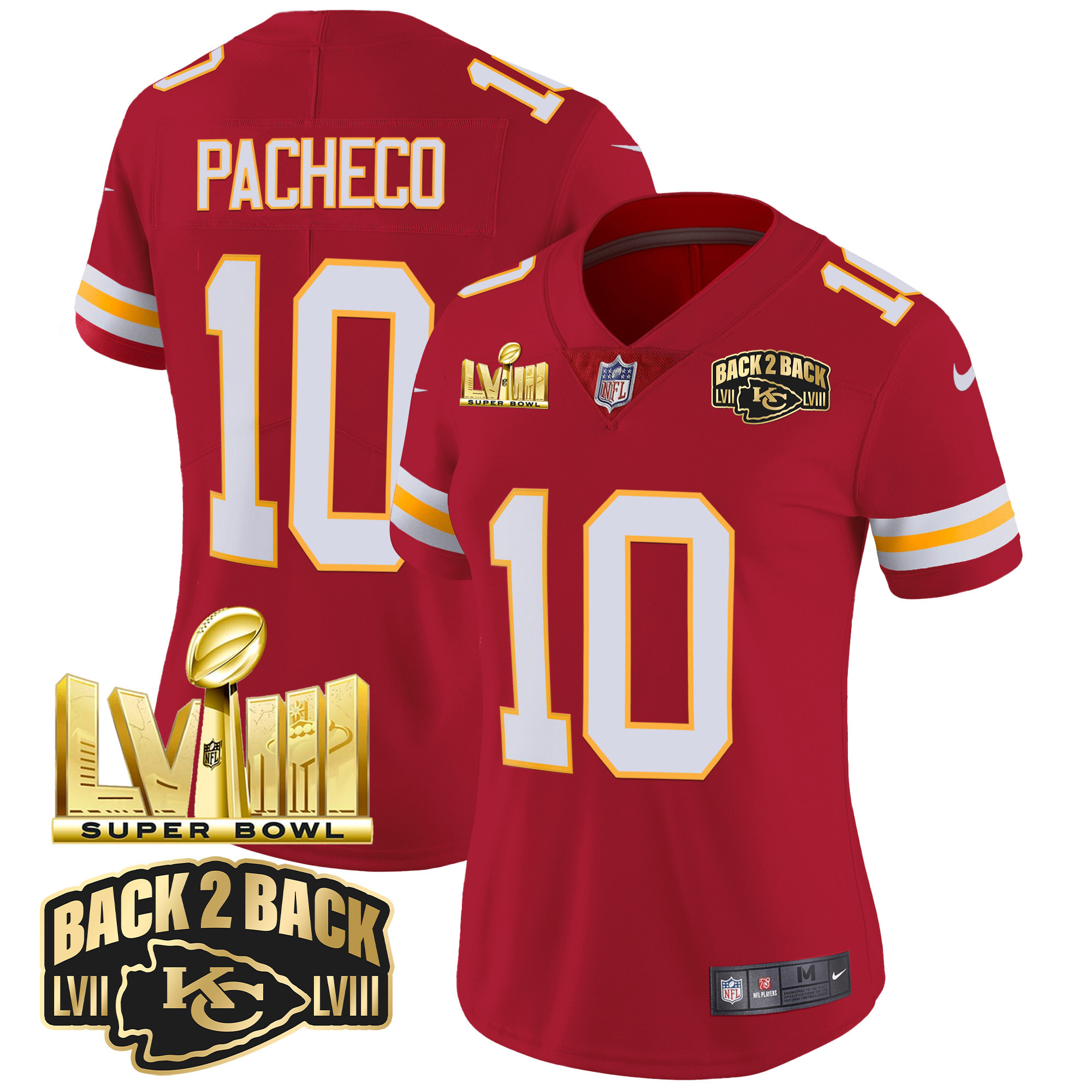 Isiah Pacheco Women's Kansas City Chiefs Super Bowl LVIII & Back 2 Back Gold Patch Vapor Red Jersey - All Stitched 
