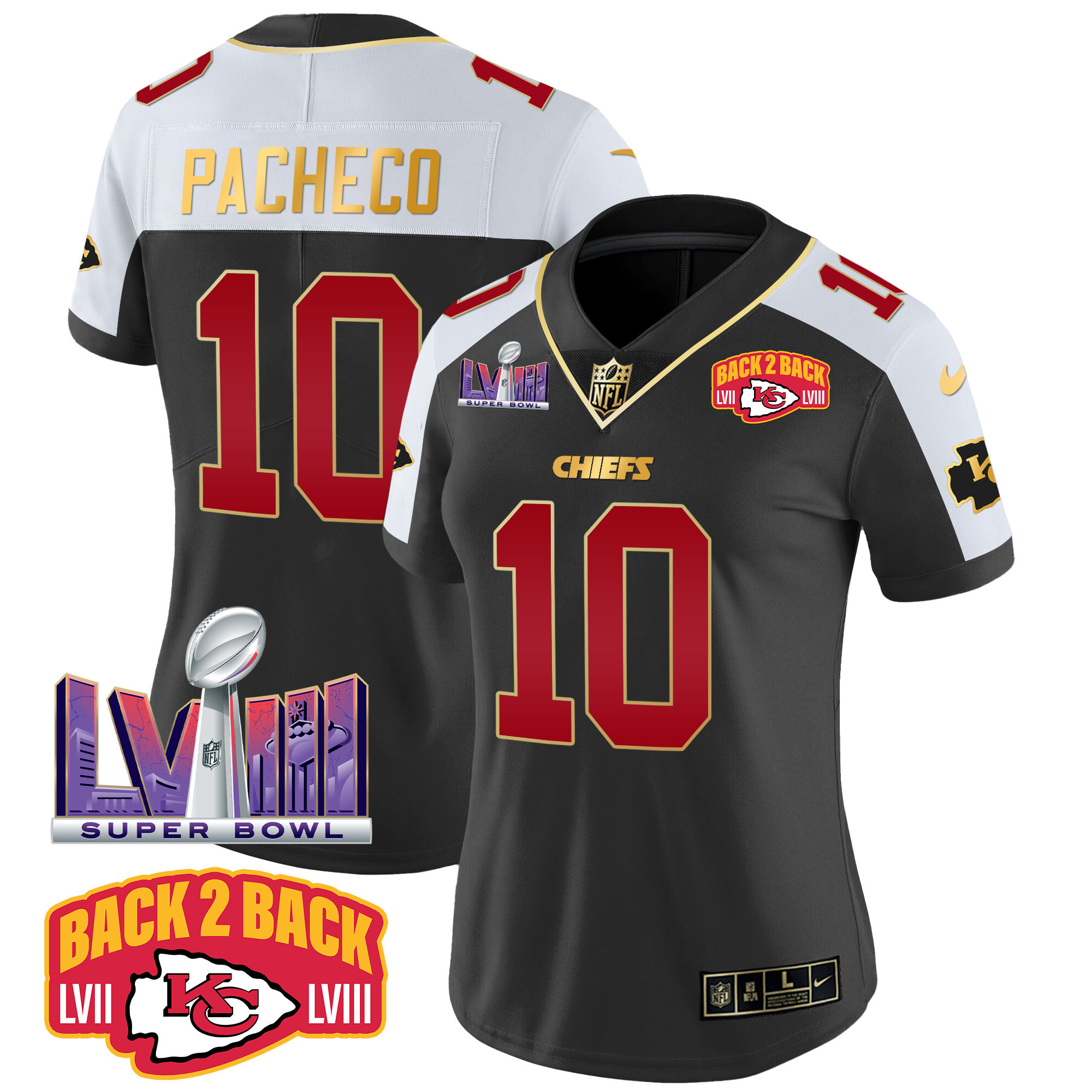 Isiah Pacheco Women's Kansas City Chiefs Super Bowl LVIII & Back 2 Back Patch Vapor Black Alternate Jersey - All Stitched 