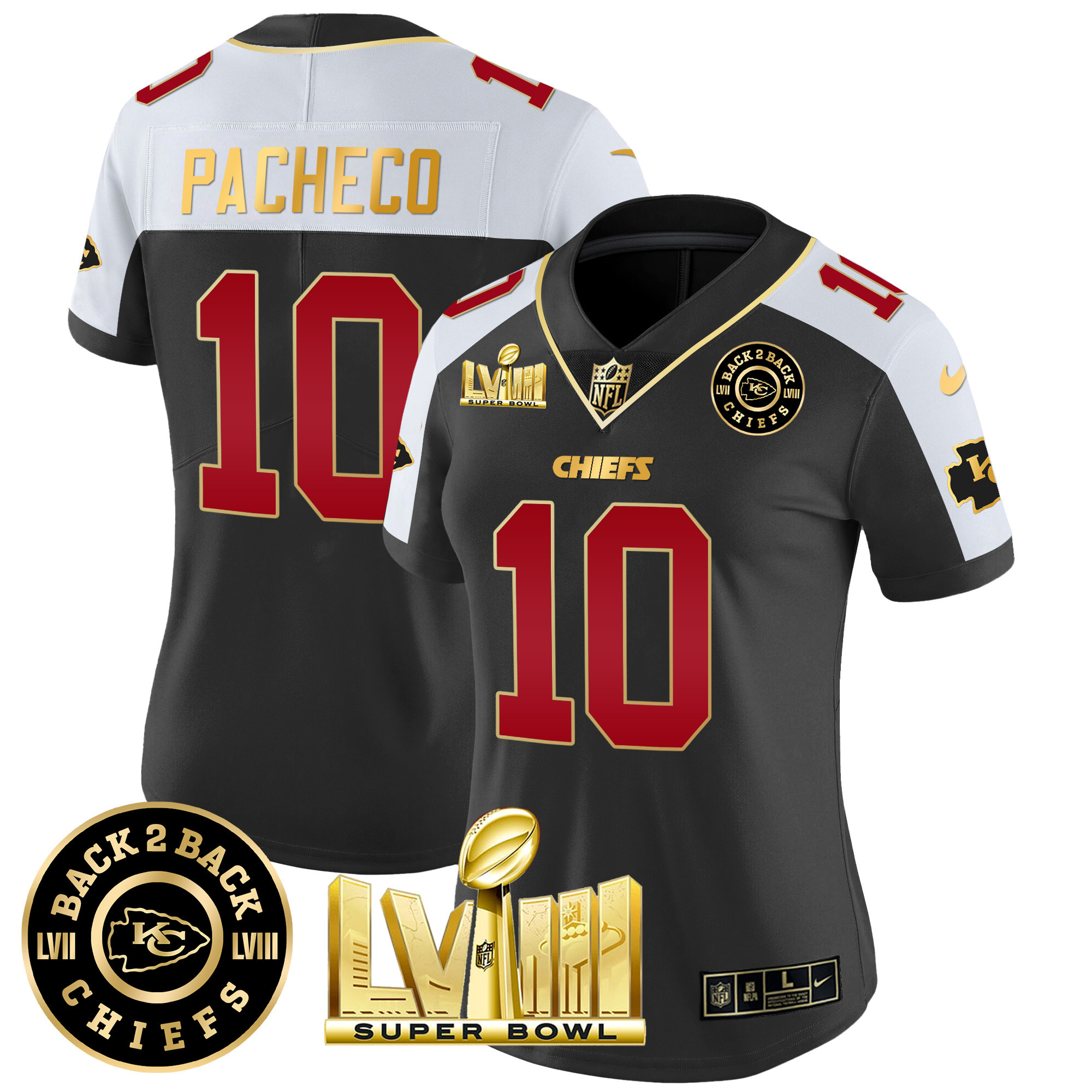 Isiah Pacheco Women's Kansas City Chiefs Super Bowl LVIII & Back 2 Back Patch Vapor Black Alternate Jersey - All Stitched 