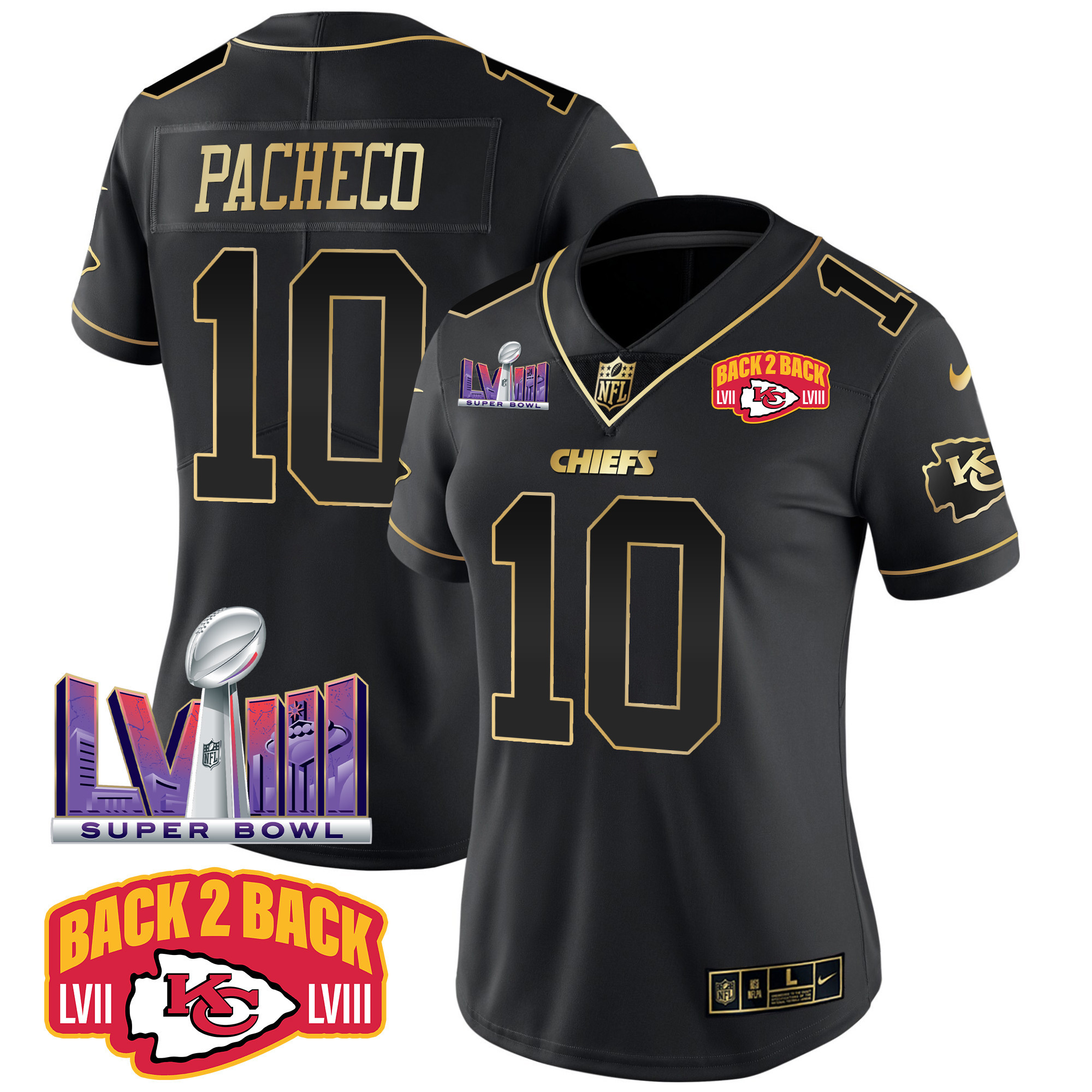 Isiah Pacheco Women's Kansas City Chiefs Super Bowl LVIII & Back 2 Back Patch Vapor Black Gold Jersey - All Stitched 