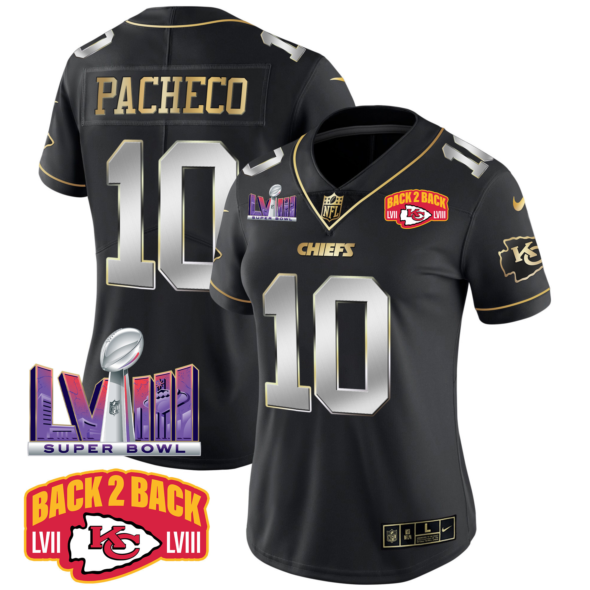 Isiah Pacheco Women's Kansas City Chiefs Super Bowl LVIII & Back 2 Back Patch Vapor Black Limited Jersey - All Stitched 