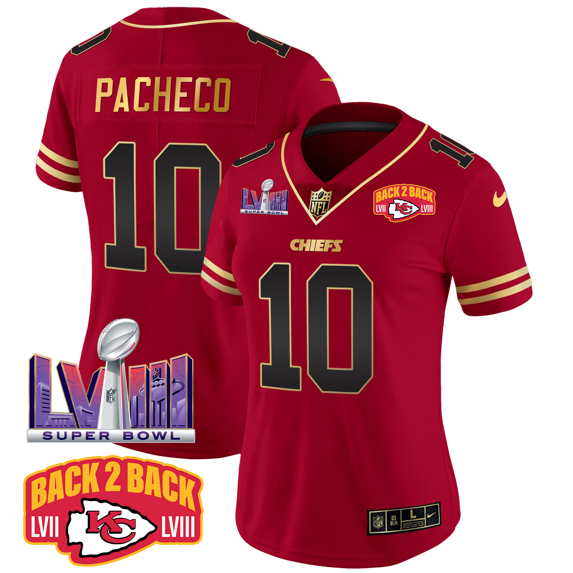Isiah Pacheco Women's Kansas City Chiefs Super Bowl LVIII & Back 2 Back Patch Vapor Black Red Jersey - All Stitched 
