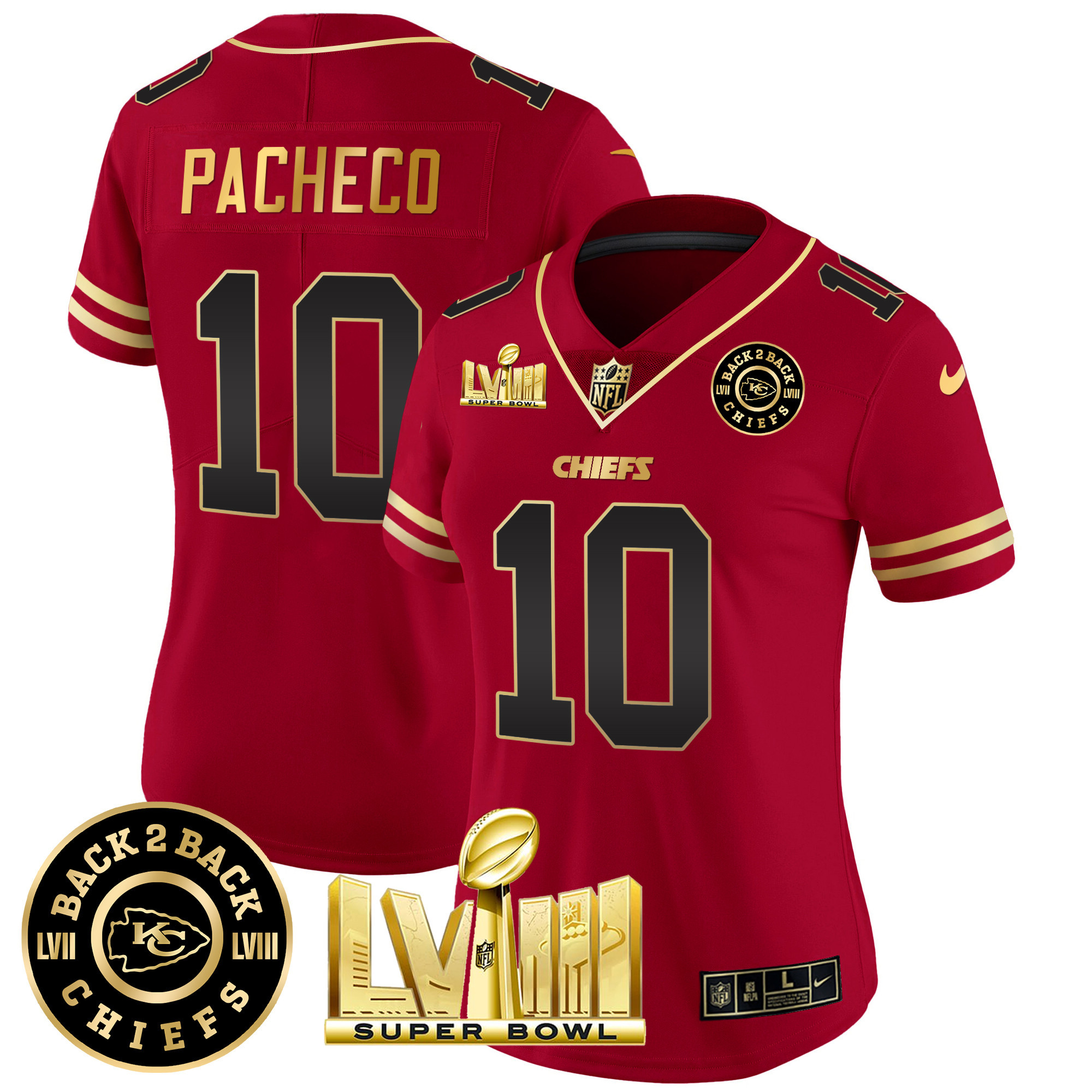 Isiah Pacheco Women's Kansas City Chiefs Super Bowl LVIII & Back 2 Back Patch Vapor Black Red Jersey - All Stitched 