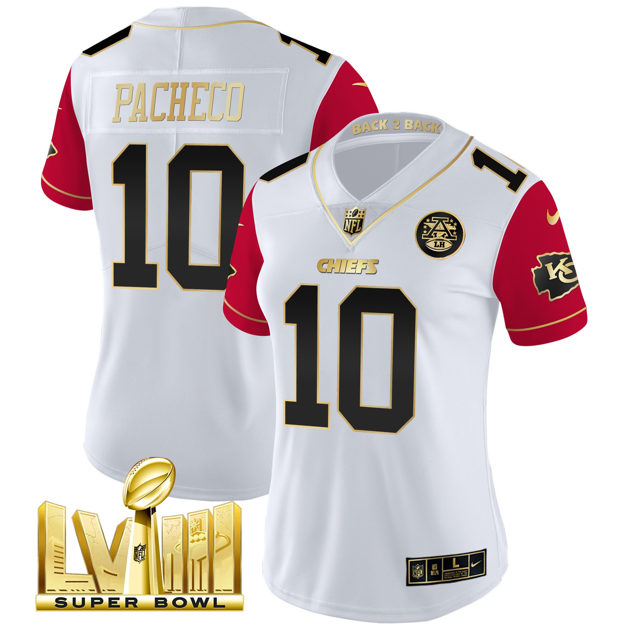 Isiah Pacheco Women's Kansas City Chiefs Super Bowl LVIII & Back 2 Back Patch Vapor Color Sleeves Jersey - All Stitched 
