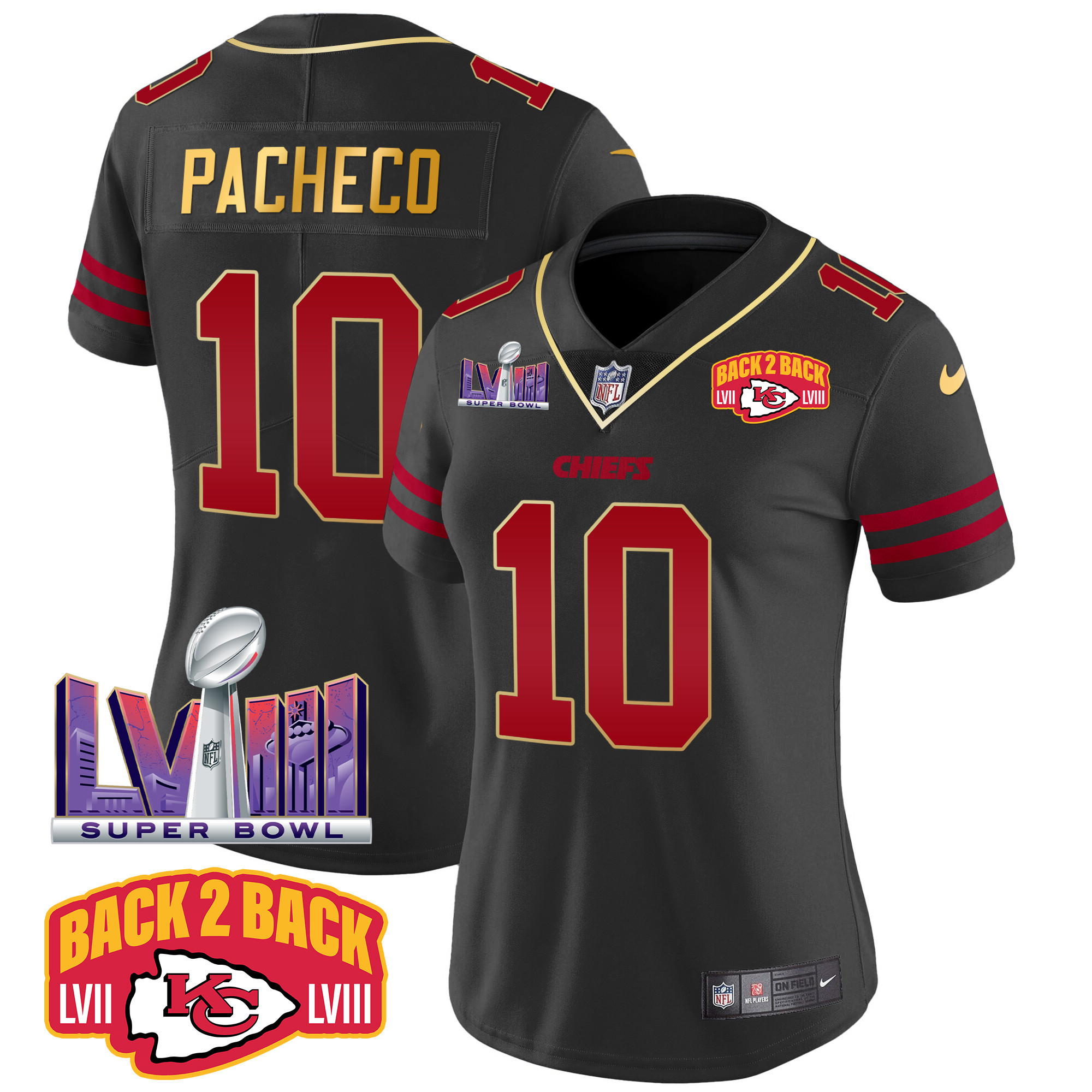 Isiah Pacheco Women's Kansas City Chiefs Super Bowl LVIII & Back 2 Back Patch Vapor Gold Trim Jersey - All Stitched 