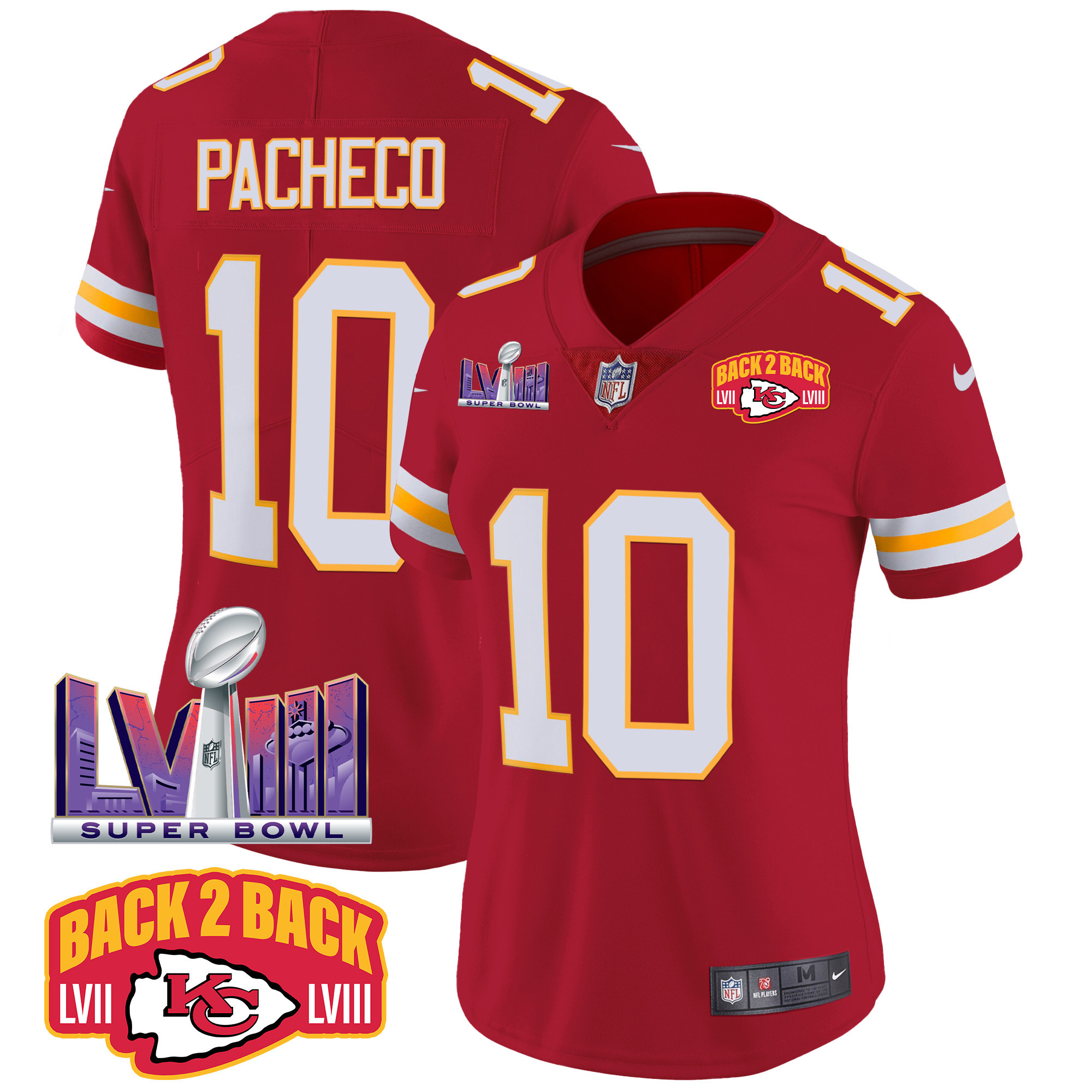 Isiah Pacheco Women's Kansas City Chiefs Super Bowl LVIII & Back 2 Back Patch Vapor Red Jersey - All Stitched 