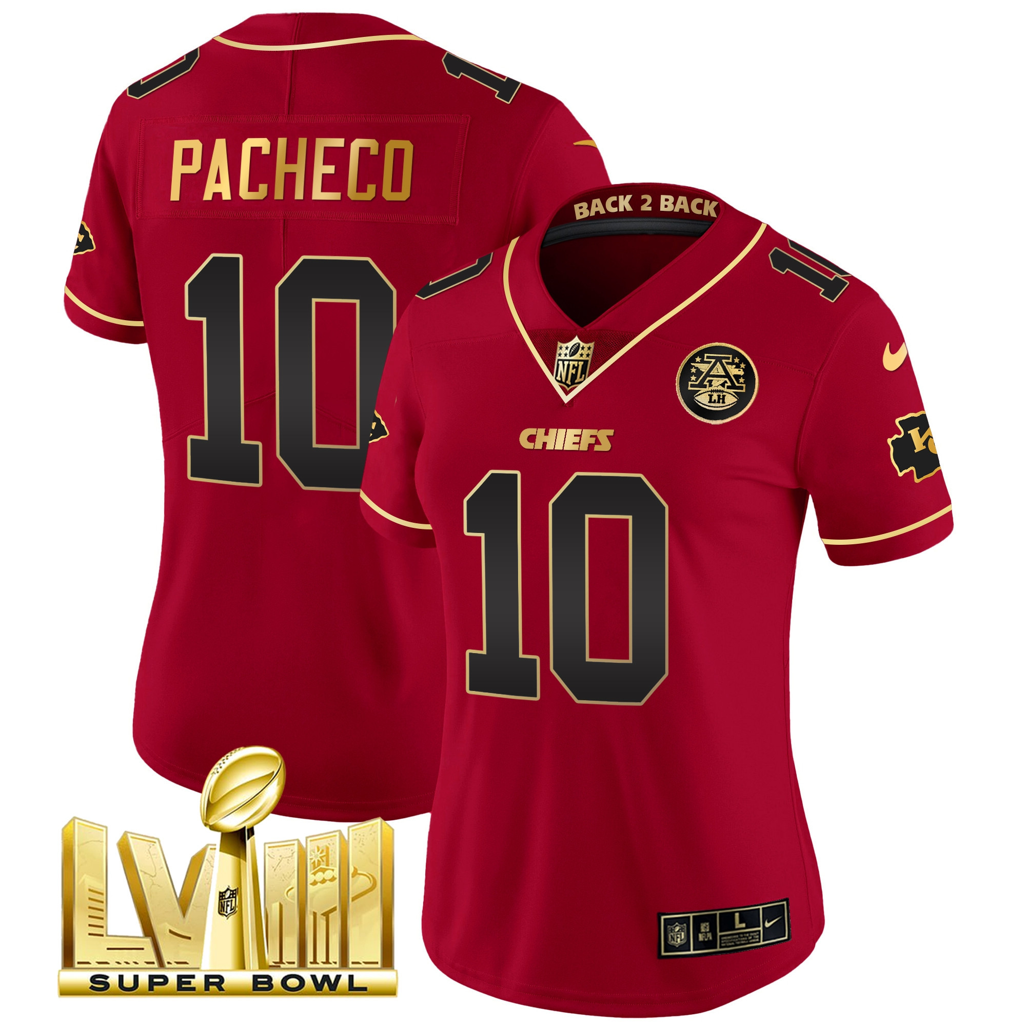 Isiah Pacheco Women's Kansas City Chiefs Super Bowl LVIII & Back 2 Back Patch Vapor Red Special Jersey - All Stitched 