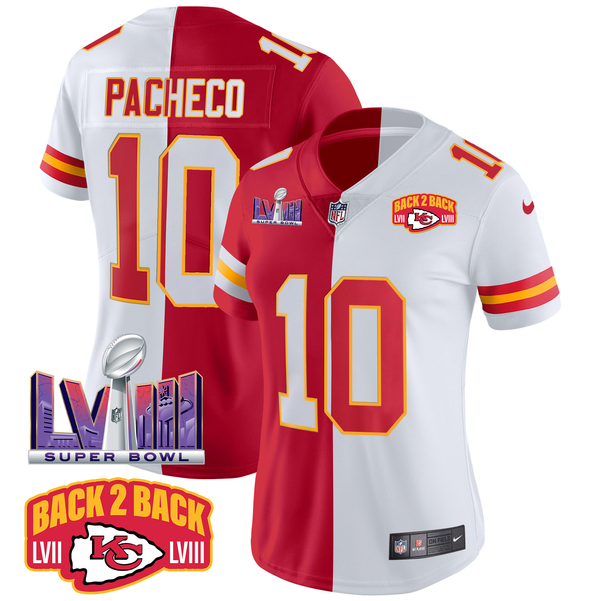 Isiah Pacheco Women's Kansas City Chiefs Super Bowl LVIII & Back 2 Back Patch Vapor Split Jersey - All Stitched 