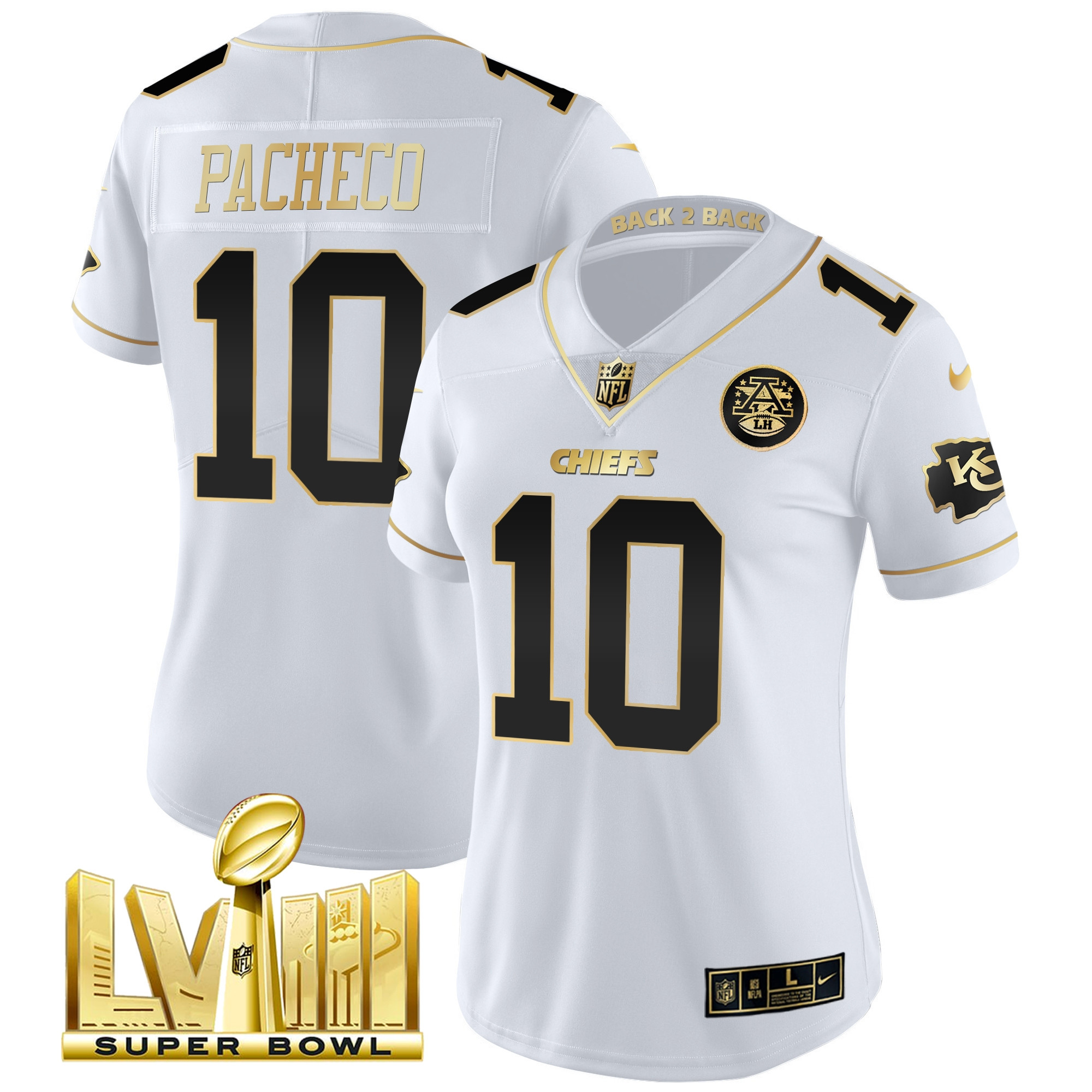 Isiah Pacheco Women's Kansas City Chiefs Super Bowl LVIII & Back 2 Back Patch Vapor White Gold Jersey - All Stitched 