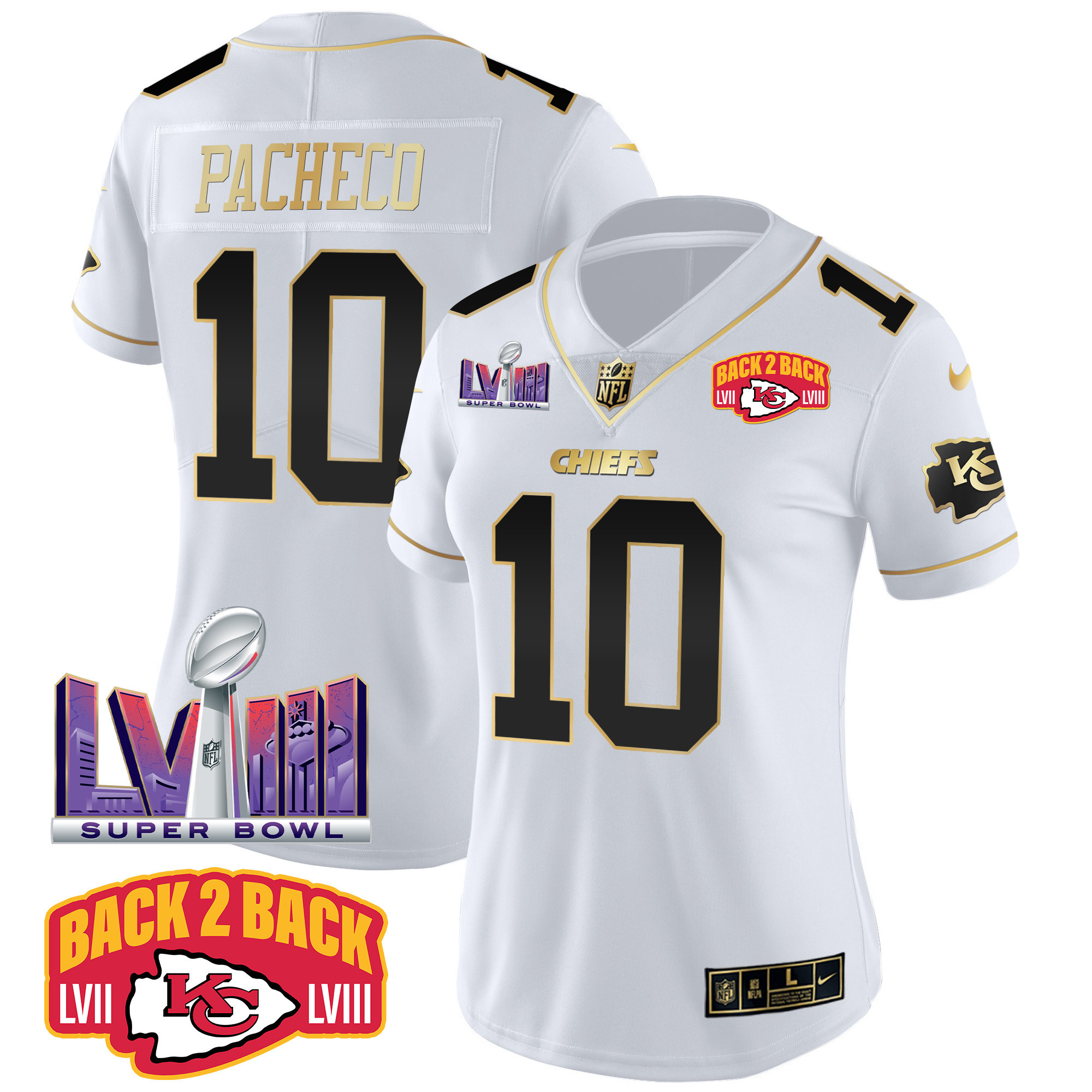Isiah Pacheco Women's Kansas City Chiefs Super Bowl LVIII & Back 2 Back Patch Vapor White Gold Jersey - All Stitched 