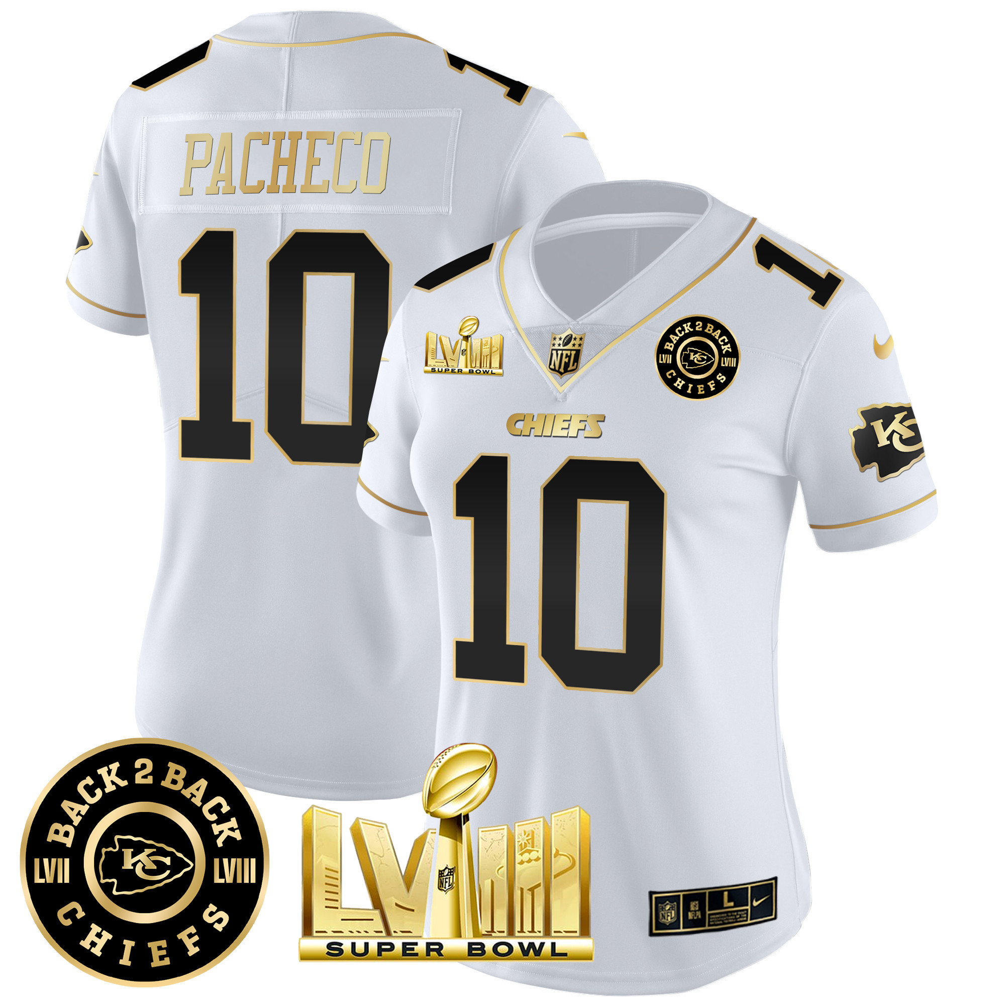 Isiah Pacheco Women's Kansas City Chiefs Super Bowl LVIII & Back 2 Back Patch Vapor White Gold Jersey - All Stitched 