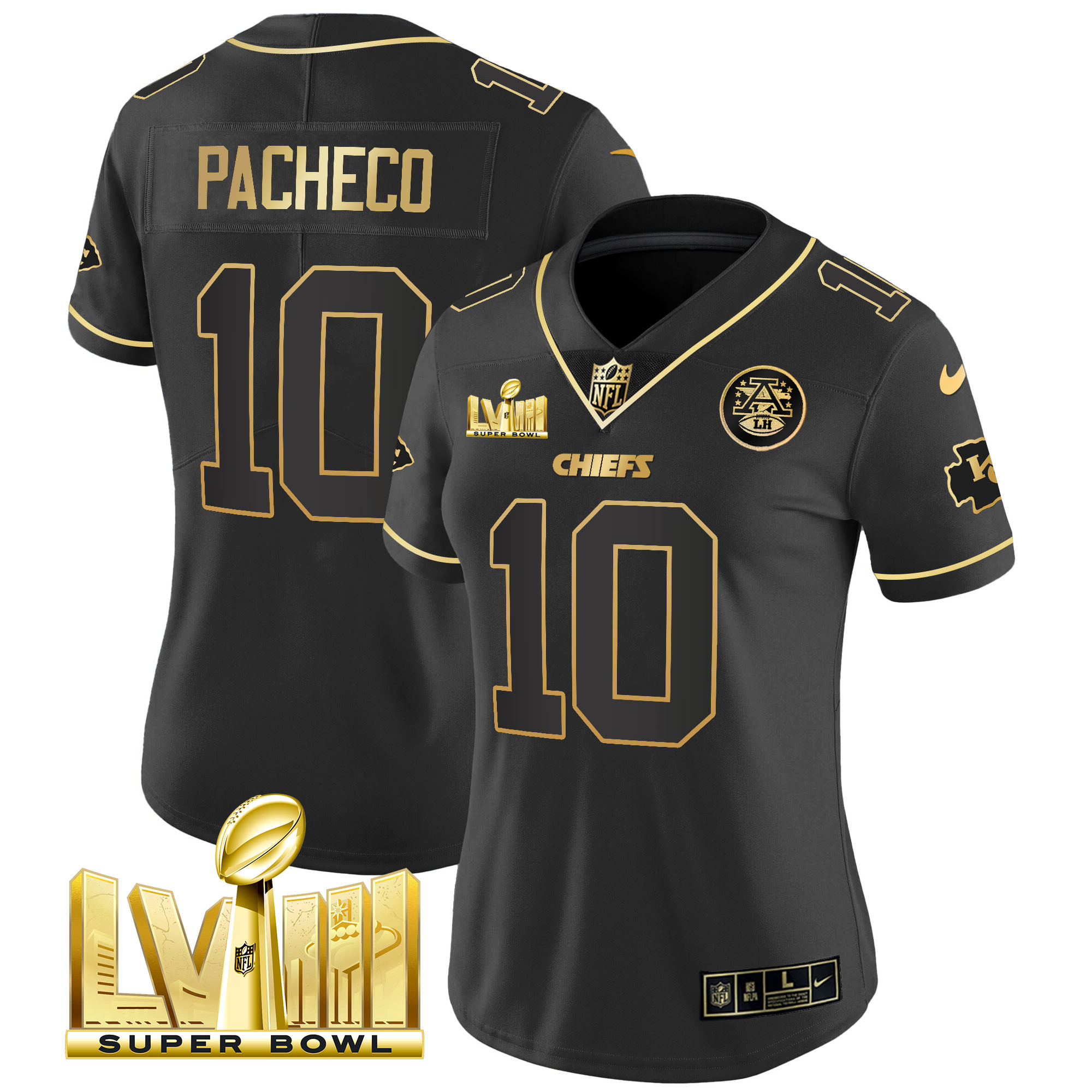 Isiah Pacheco Women's Kansas City Chiefs Super Bowl LVIII Gold Patch Vapor Black Gold Jersey - All Stitched 