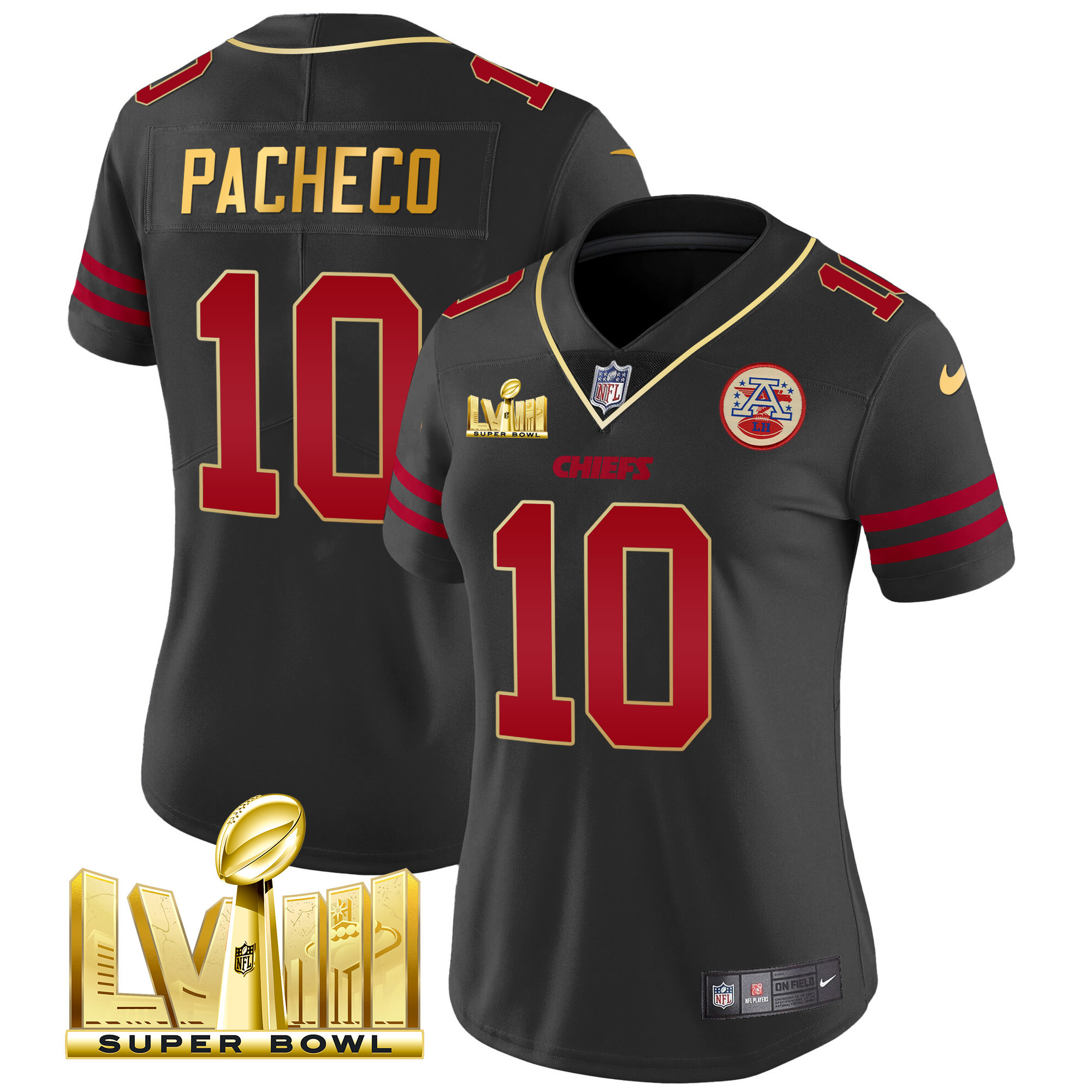 Isiah Pacheco Women's Kansas City Chiefs Super Bowl LVIII Gold Patch Vapor Gold Trim Jersey - All Stitched 