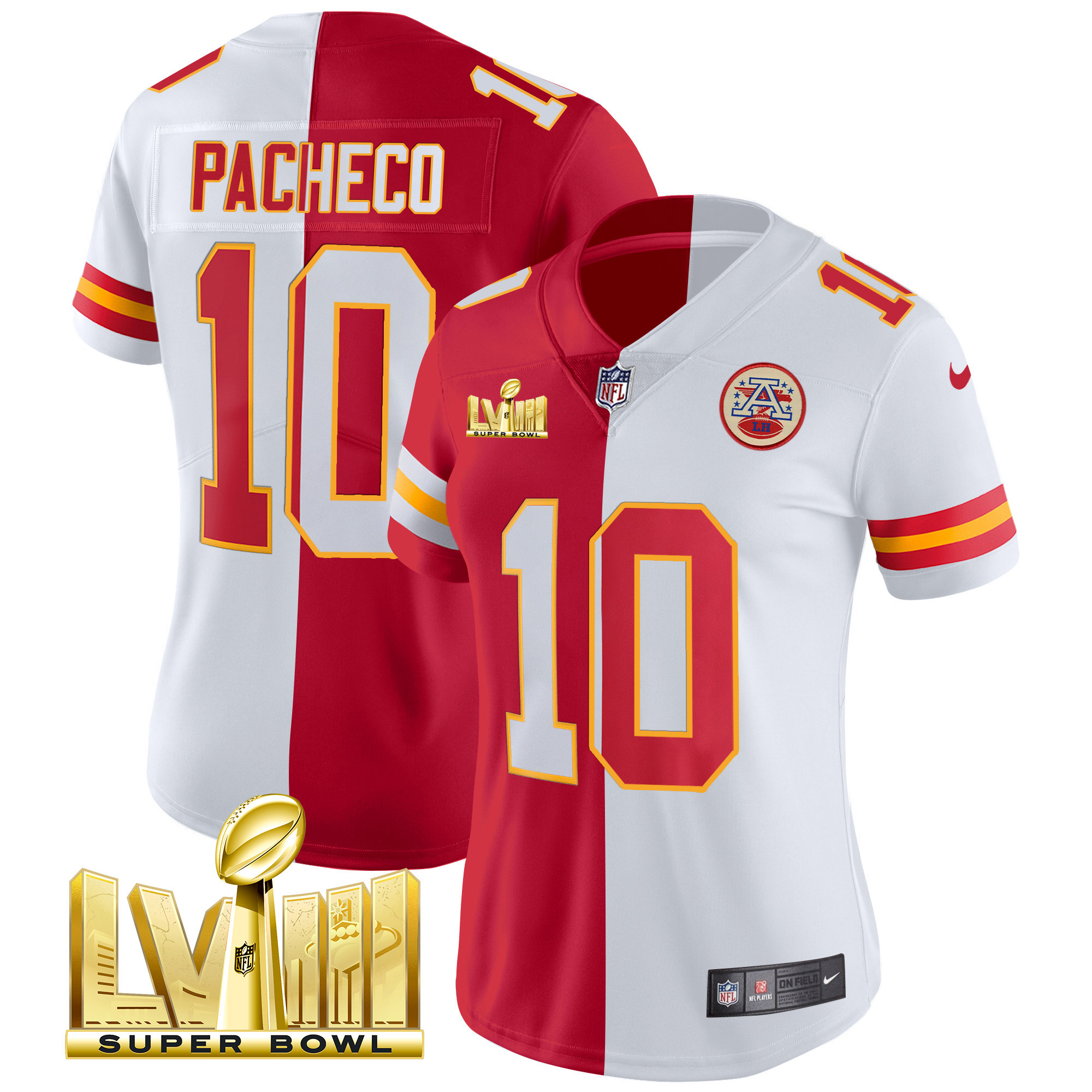Isiah Pacheco Women's Kansas City Chiefs Super Bowl LVIII Gold Patch Vapor Split Jersey - All Stitched 