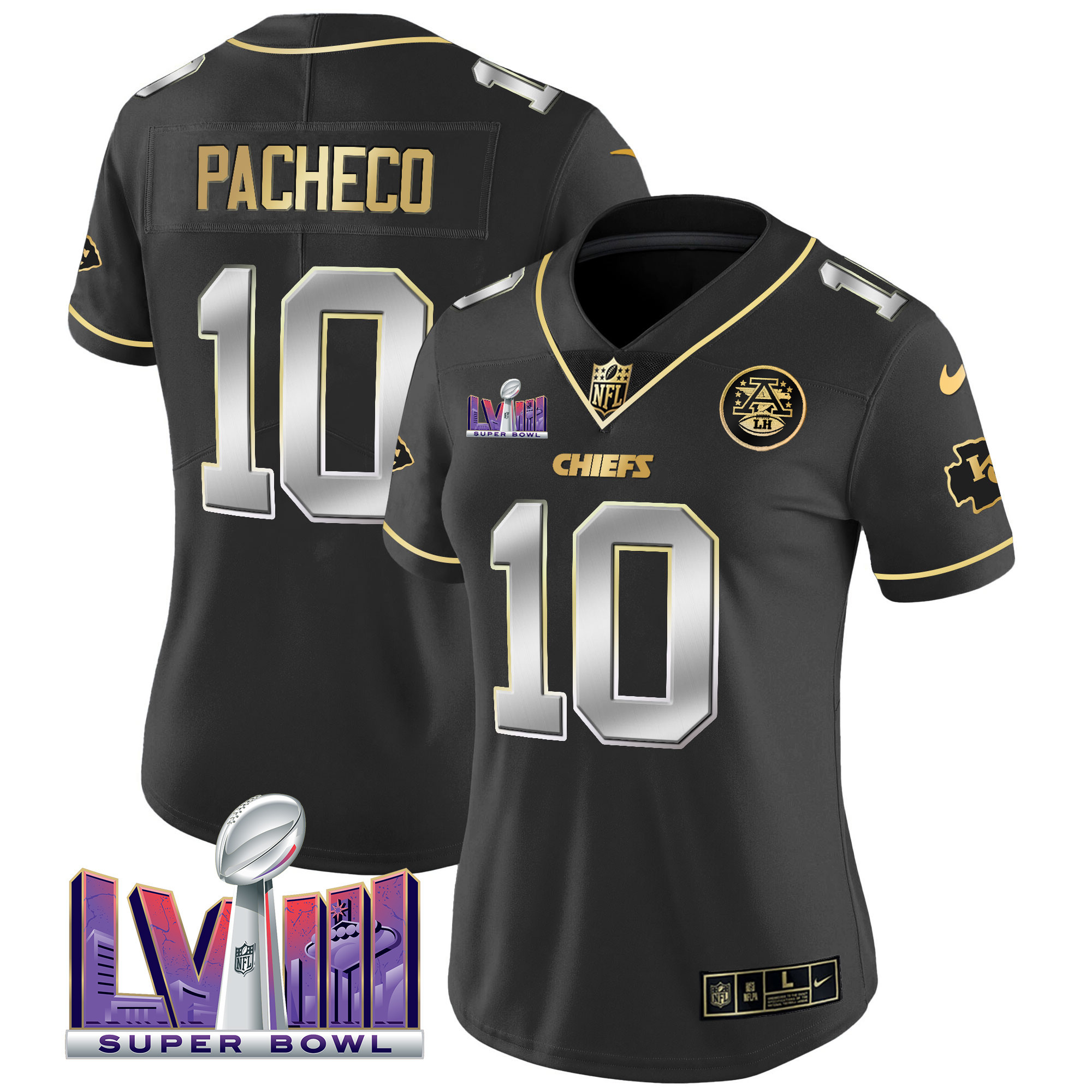 Isiah Pacheco Women's Kansas City Chiefs Super Bowl LVIII Patch Vapor Black Limited Jersey - All Stitched 