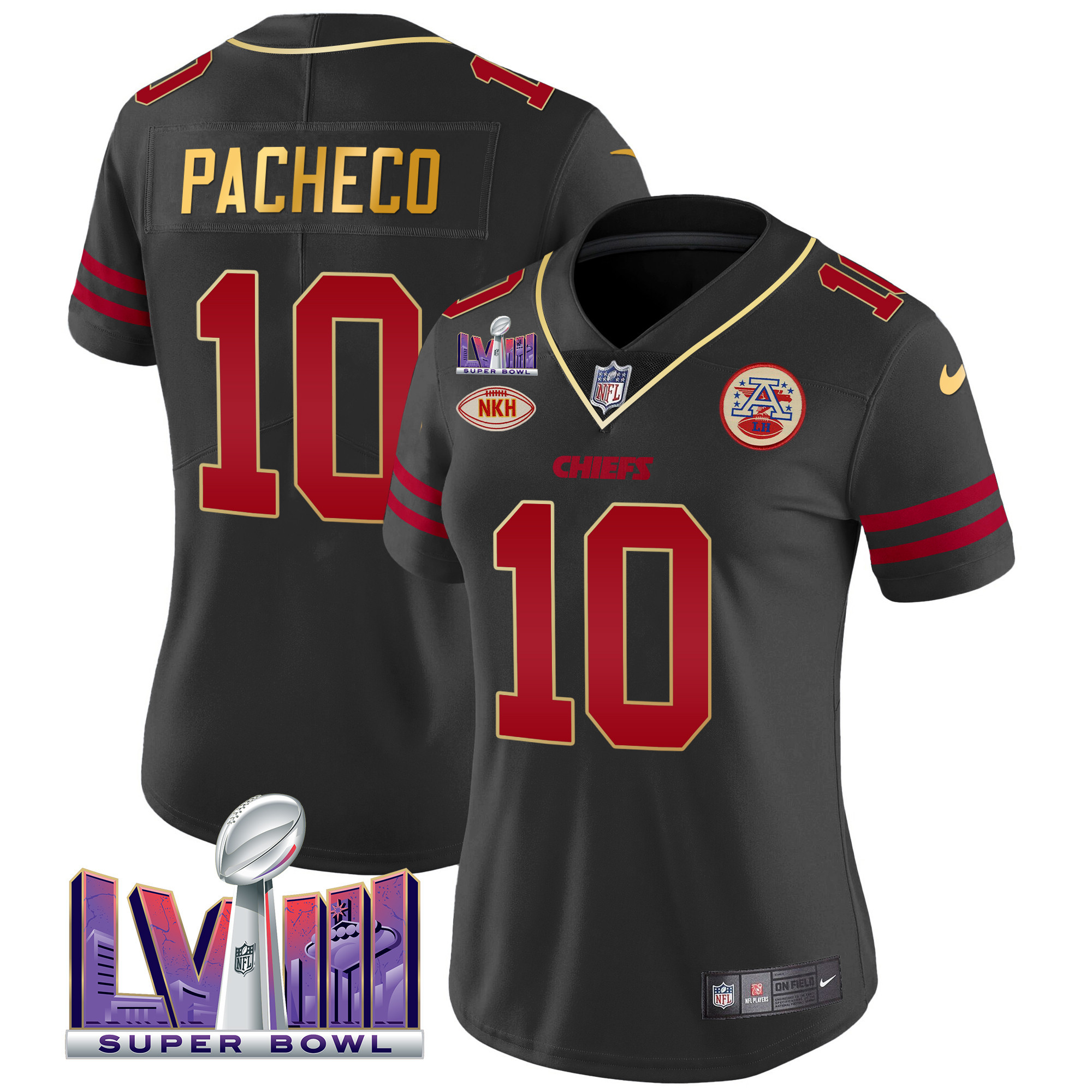 Isiah Pacheco Women's Kansas City Chiefs Super Bowl LVIII Patch Vapor Gold Trim Jersey - All Stitched 