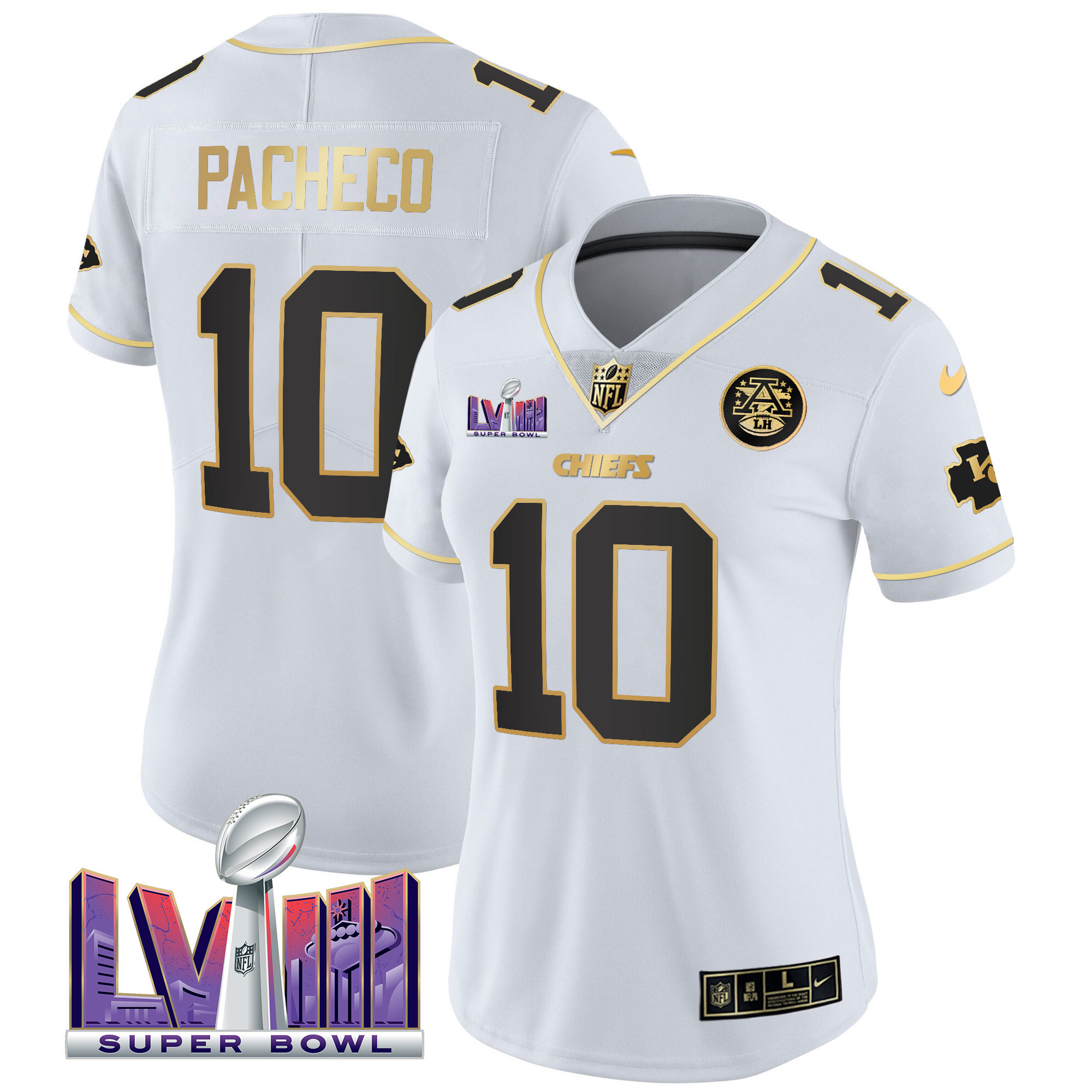 Isiah Pacheco Women's Kansas City Chiefs Super Bowl LVIII Patch Vapor White Gold Jersey - All Stitched 