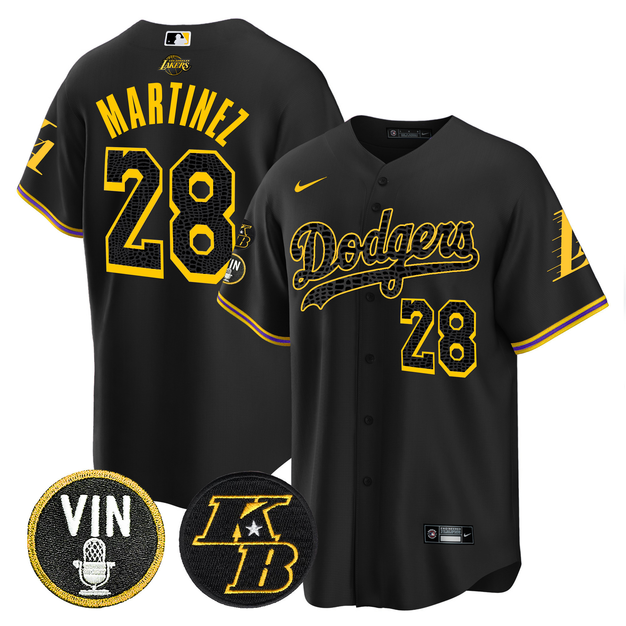 J.D. Martinez Men's Los Angeles Dodgers Bryant & Vin Patch Cool Base Mamba Black Jersey - All Stitched