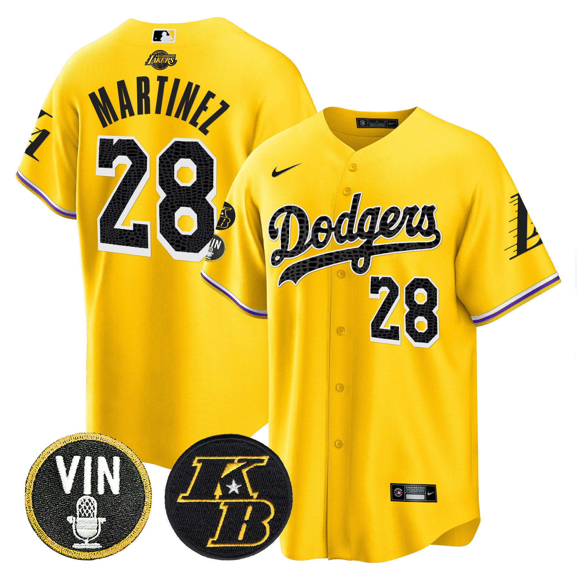 J.D. Martinez Men's Los Angeles Dodgers Bryant & Vin Patch Cool Base Mamba Gold Jersey - All Stitched