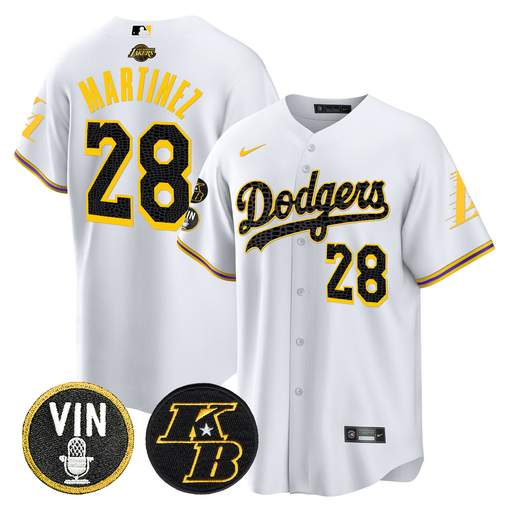 J.D. Martinez Men's Los Angeles Dodgers Bryant & Vin Patch Cool Base Mamba White Jersey - All Stitched