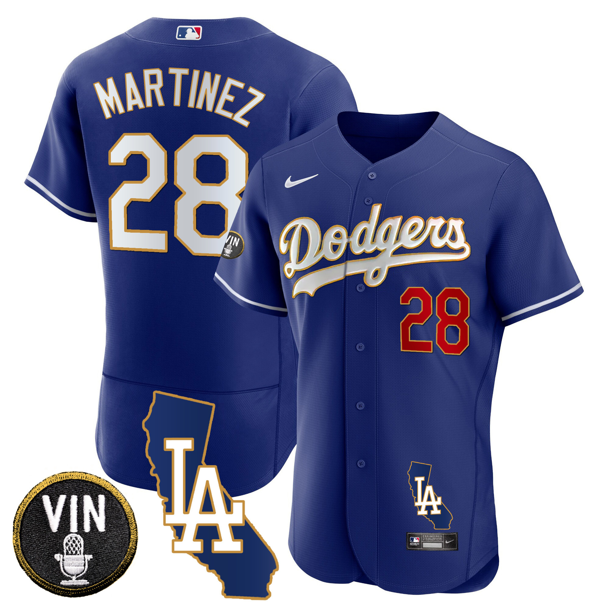 J.D. Martinez Men's Los Angeles Dodgers California Patch Gold Trim Flex Base Royal Jersey - All Stitched