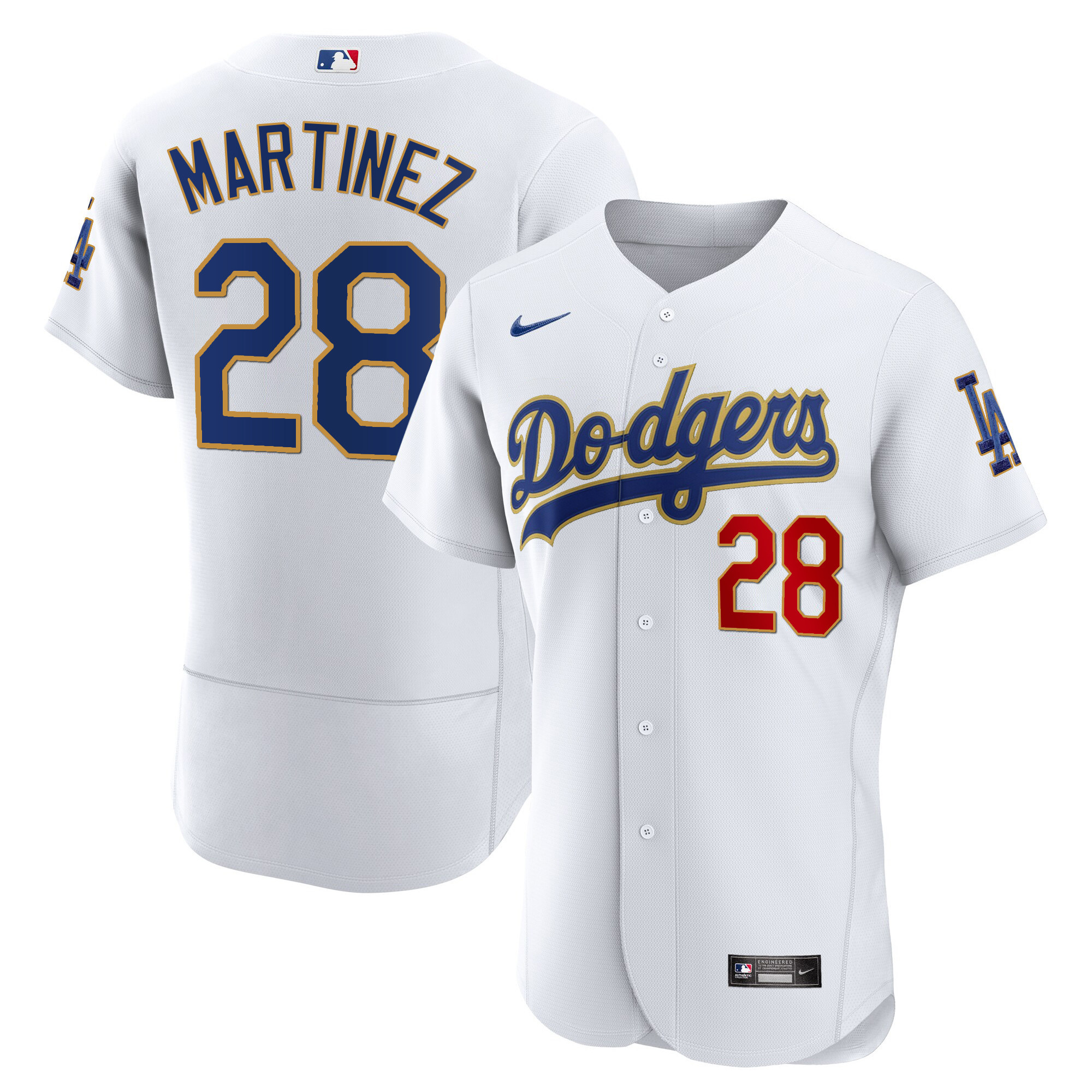 J.D. Martinez Men's Los Angeles Dodgers Gold Trim Flex Base White Jersey - All Stitched