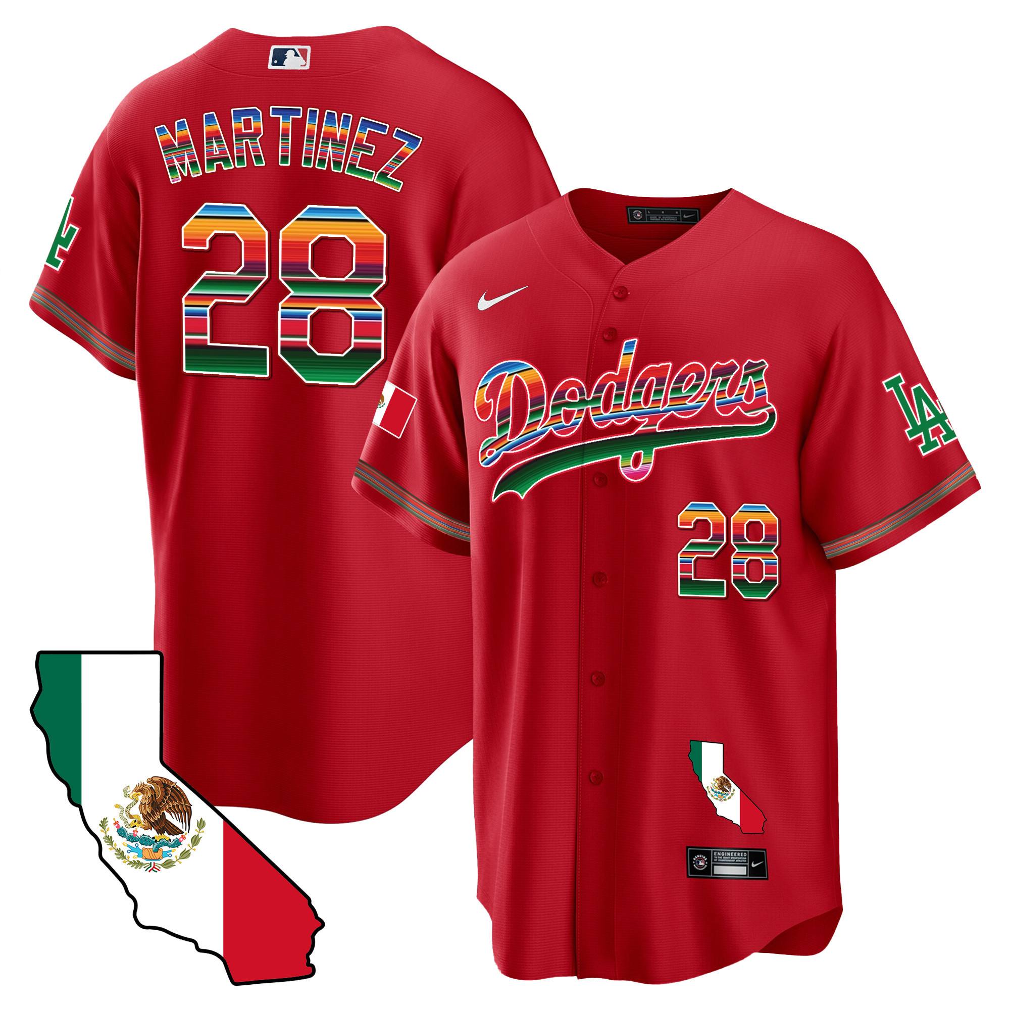 J.D. Martinez Men's Los Angeles Dodgers Mexico California Map Cool Base Red Jersey - All Stitched