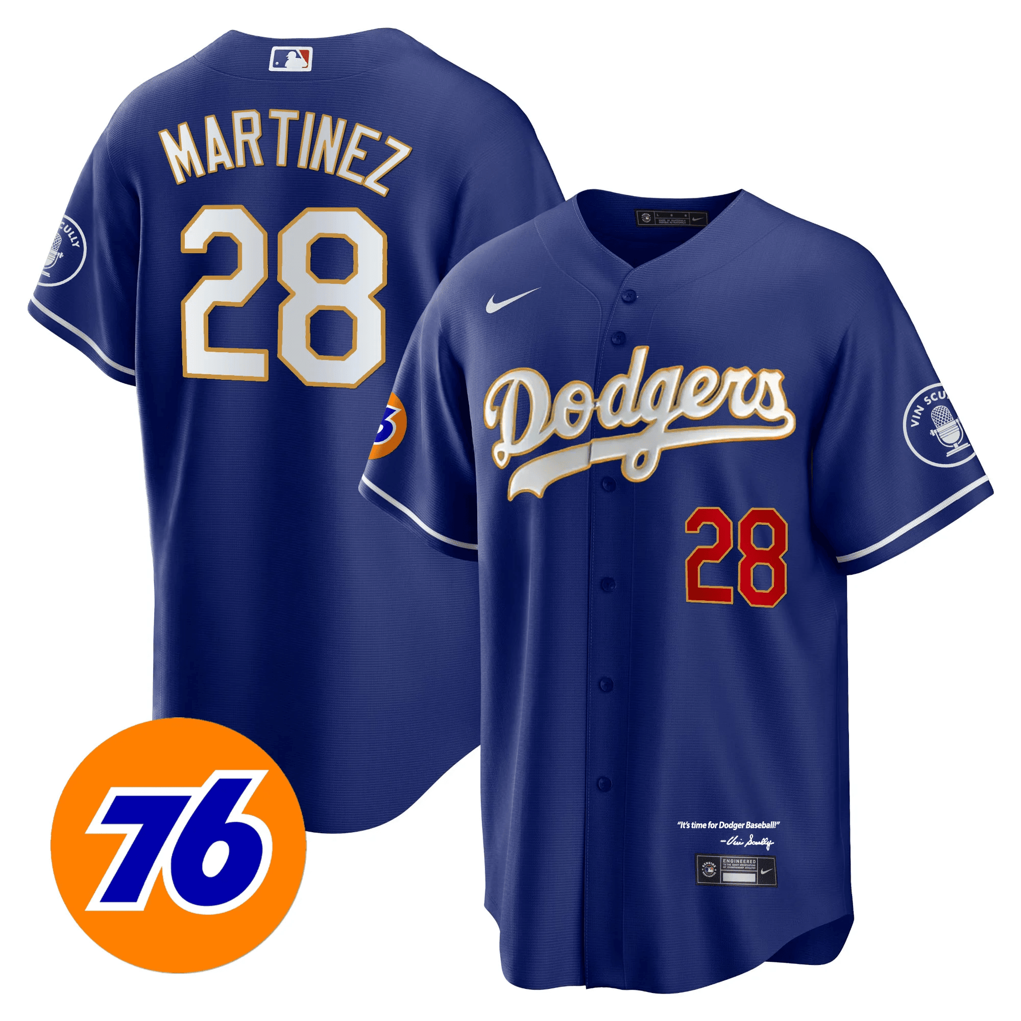 J.D. Martinez Men's Los Angeles Dodgers Vin Scully 76 Patch Gold Trim Player Cool Royal Jersey - All Stitched