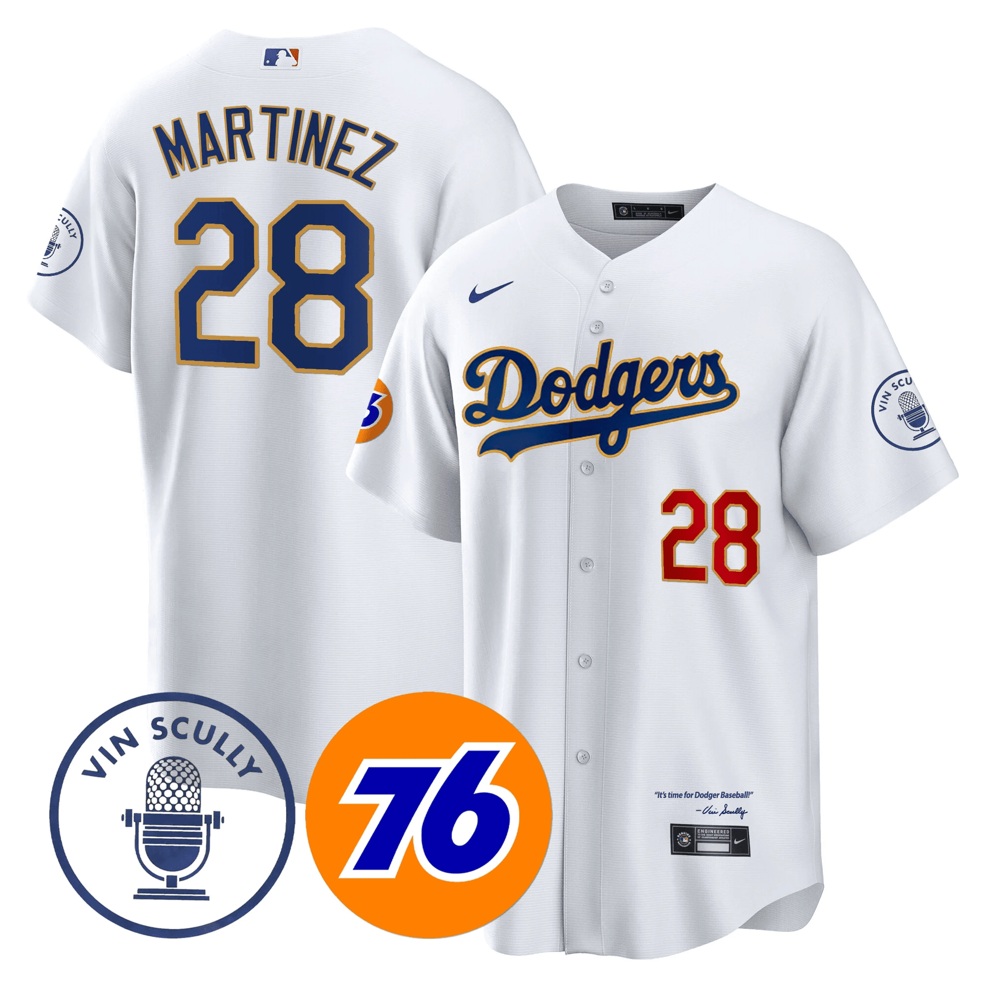 J.D. Martinez Men's Los Angeles Dodgers Vin Scully 76 Patch Gold Trim Player Cool White Jersey - All Stitched