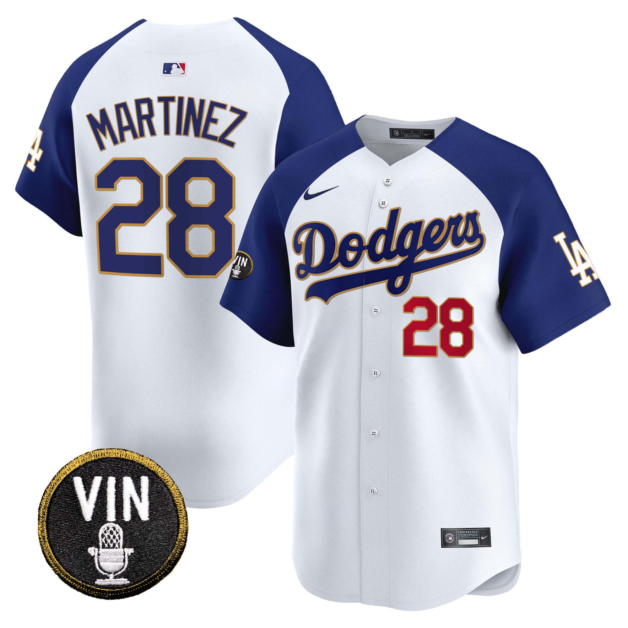 J.D. Martinez Men's Los Angeles Dodgers Vin Scully Patch Gold Trim Vapor Premier Limited Alternate White Jersey - All Stitched
