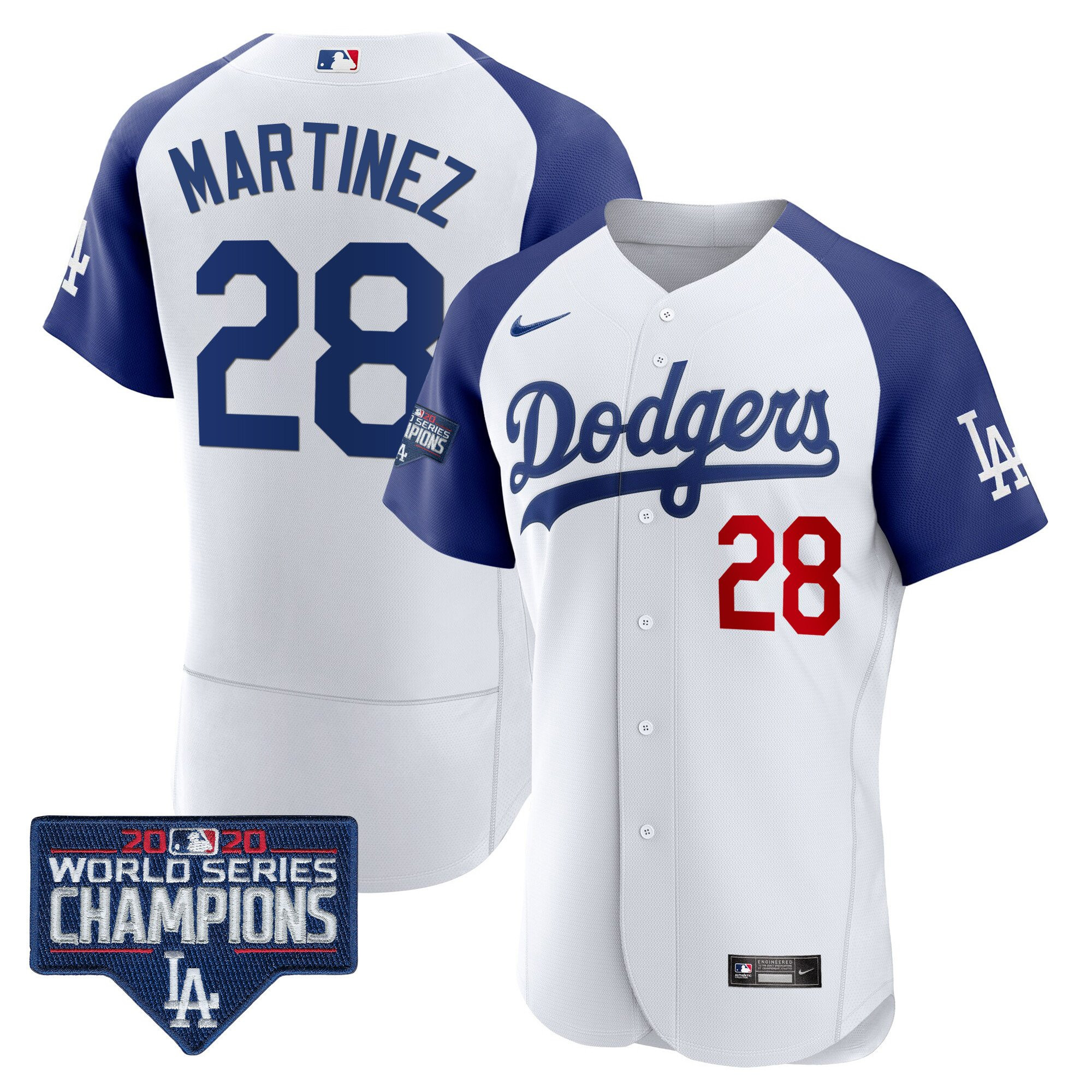 J.D. Martinez Men's Los Angeles Dodgers World Series Champions Patch Flex Base Alternate White Jersey - All Stitched
