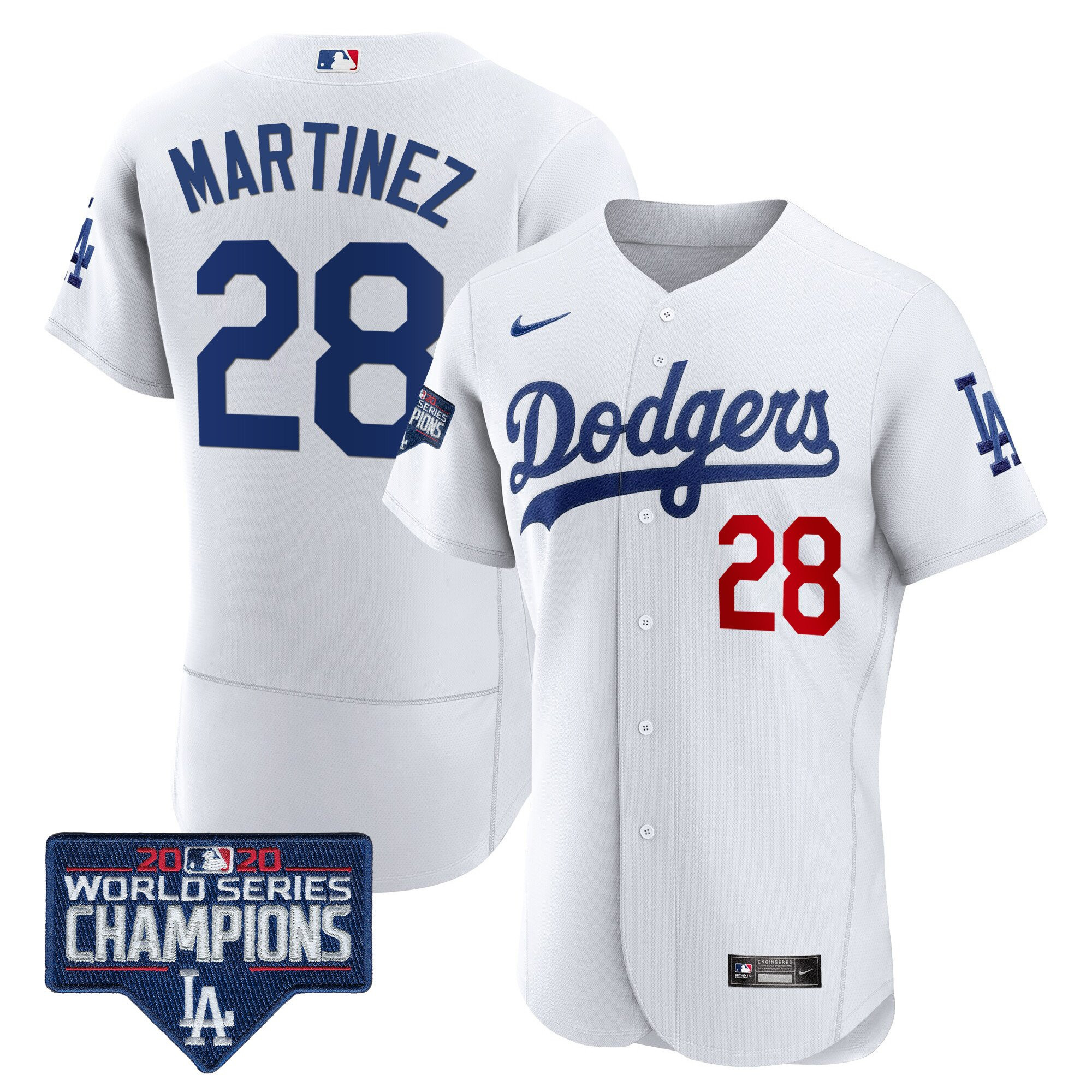 J.D. Martinez Men's Los Angeles Dodgers World Series Champions Patch Flex Base White Jersey - All Stitched