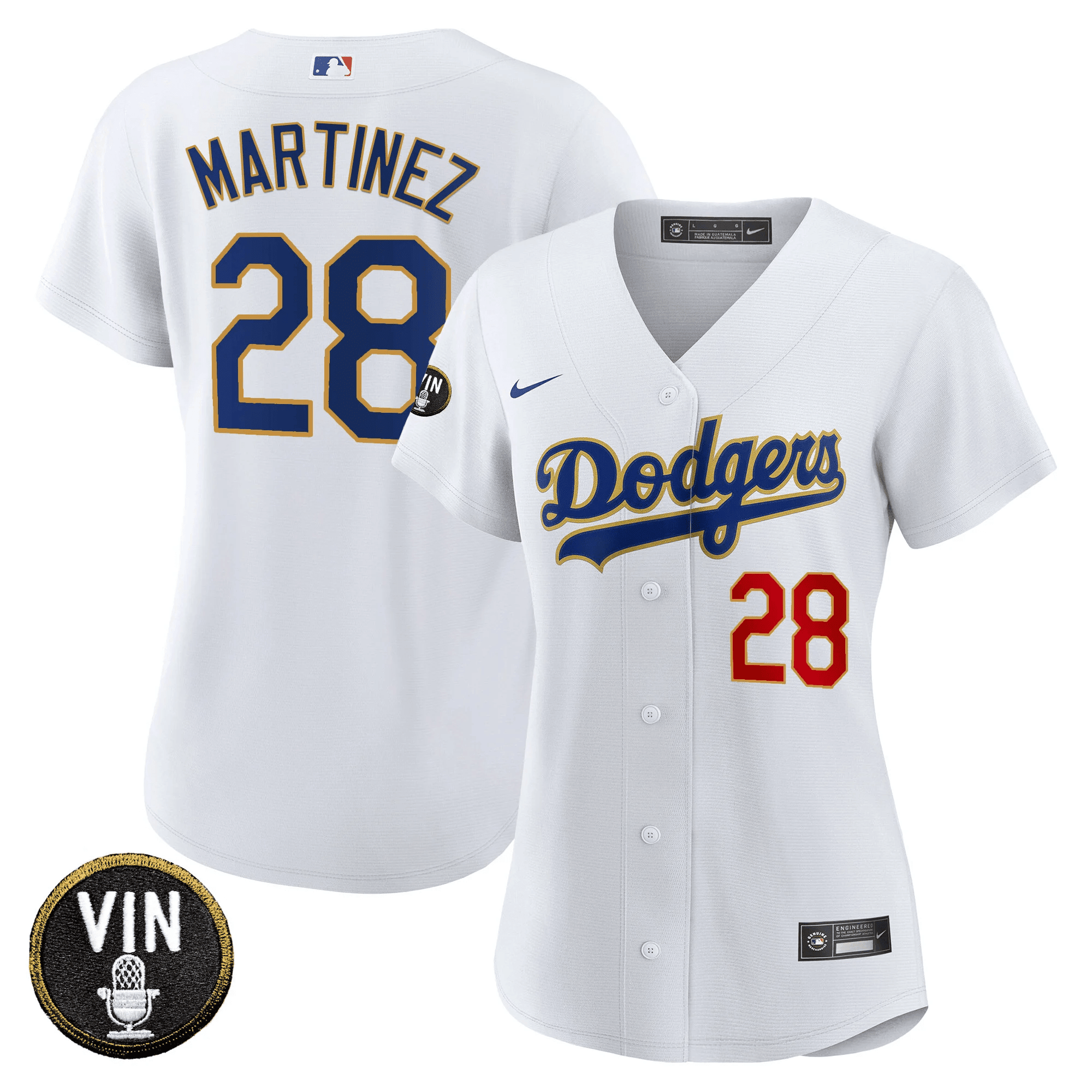 J.D. Martinez Women's Los Angeles Dodgers Vin Scully Patch Gold Trim White Jersey - All Stitched