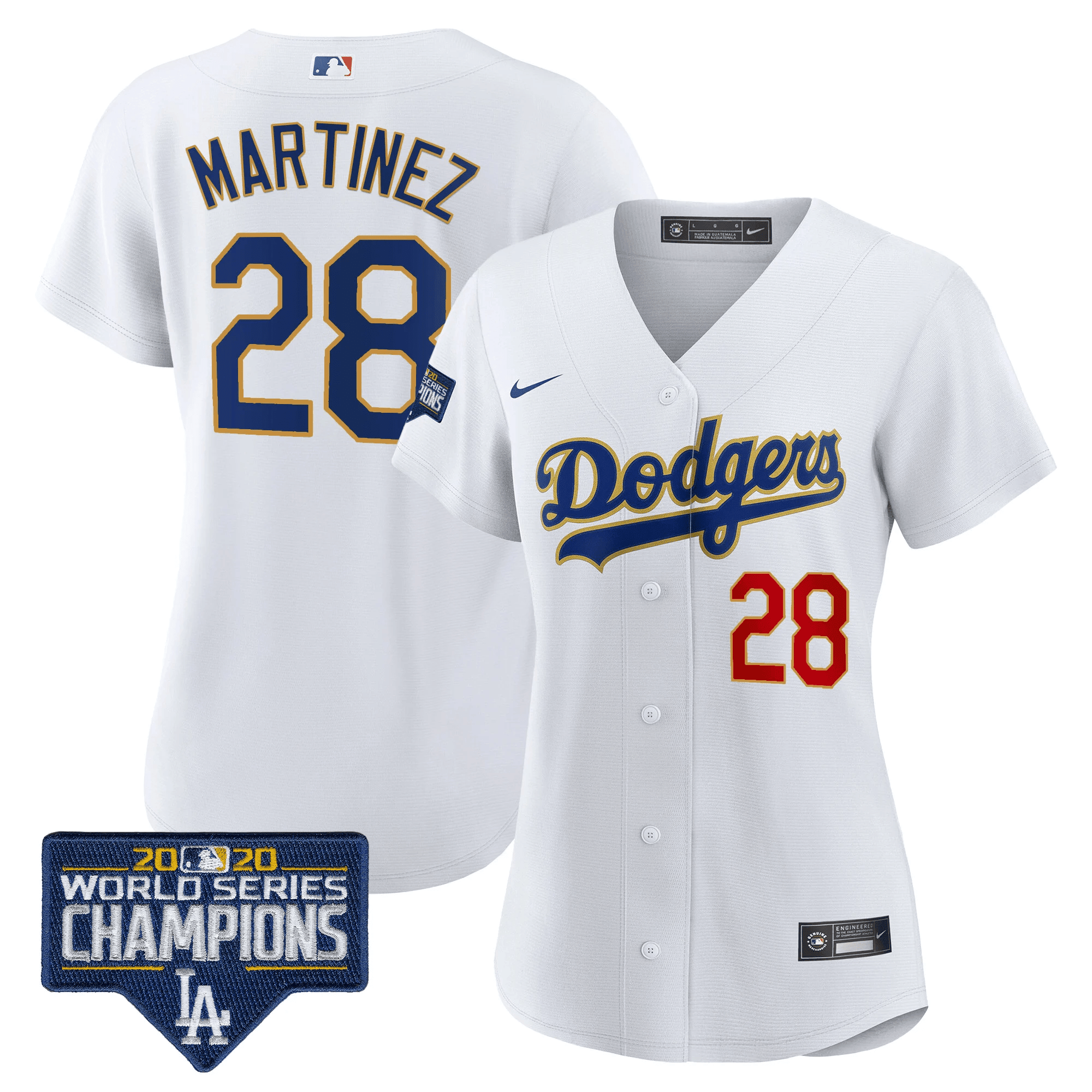 J.D. Martinez Women's Los Angeles Dodgers World Series Champions Patch Gold Trim White Jersey - All Stitched