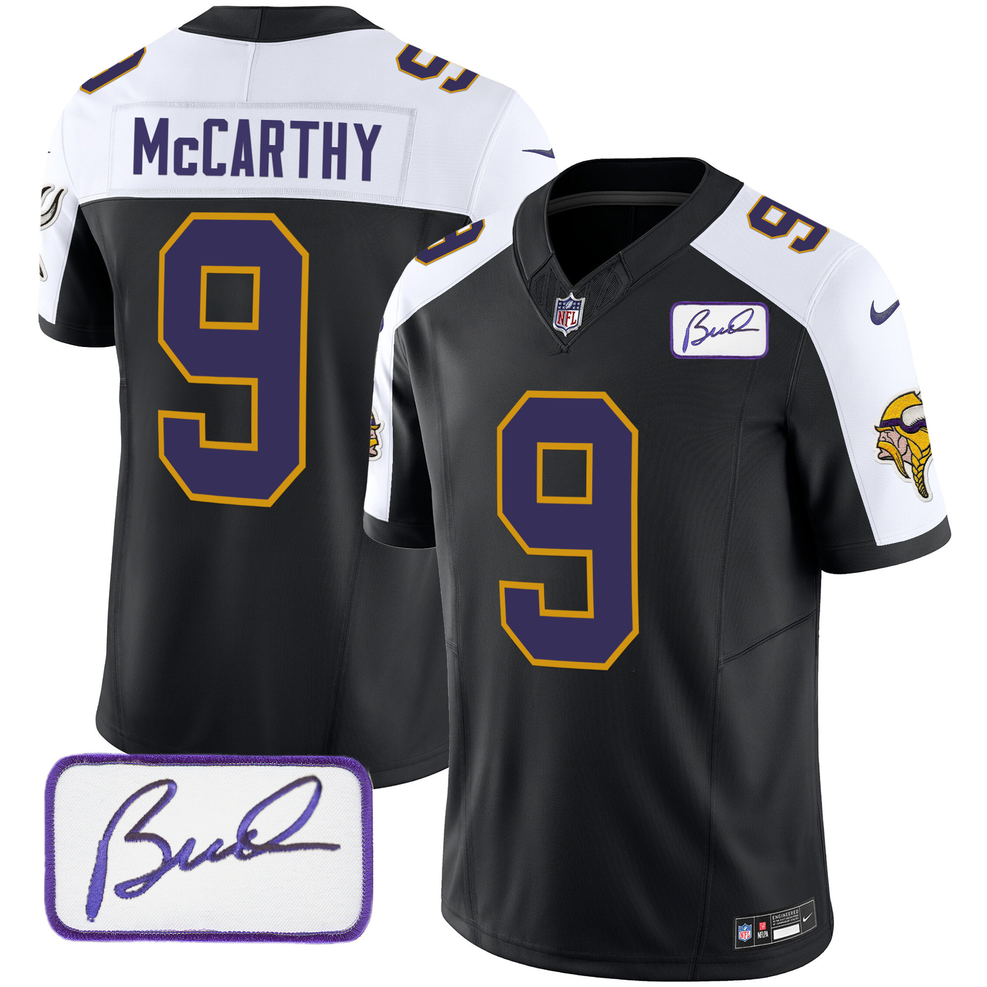 J.J. McCarthy Men's Minnesota Vikings Bud Grant Patch Classic Limited V3 Black Alternate Jersey - All Stitched