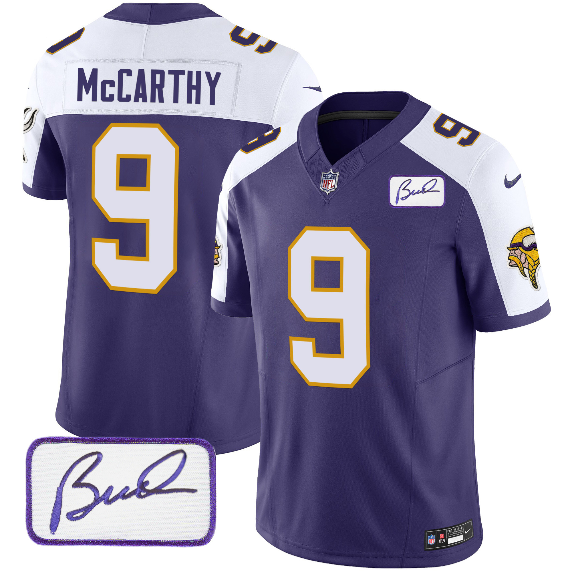 J.J. McCarthy Men's Minnesota Vikings Bud Grant Patch Classic Limited V3 Purple Alternate Jersey - All Stitched
