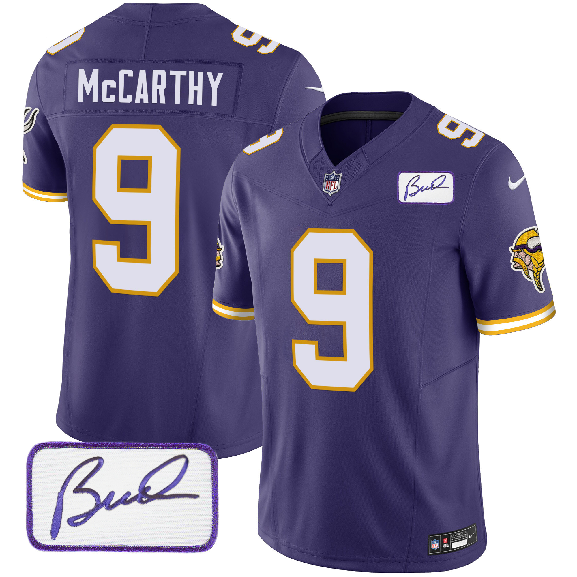 J.J. McCarthy Men's Minnesota Vikings Bud Grant Patch Classic Limited V3 Purple Jersey - All Stitched