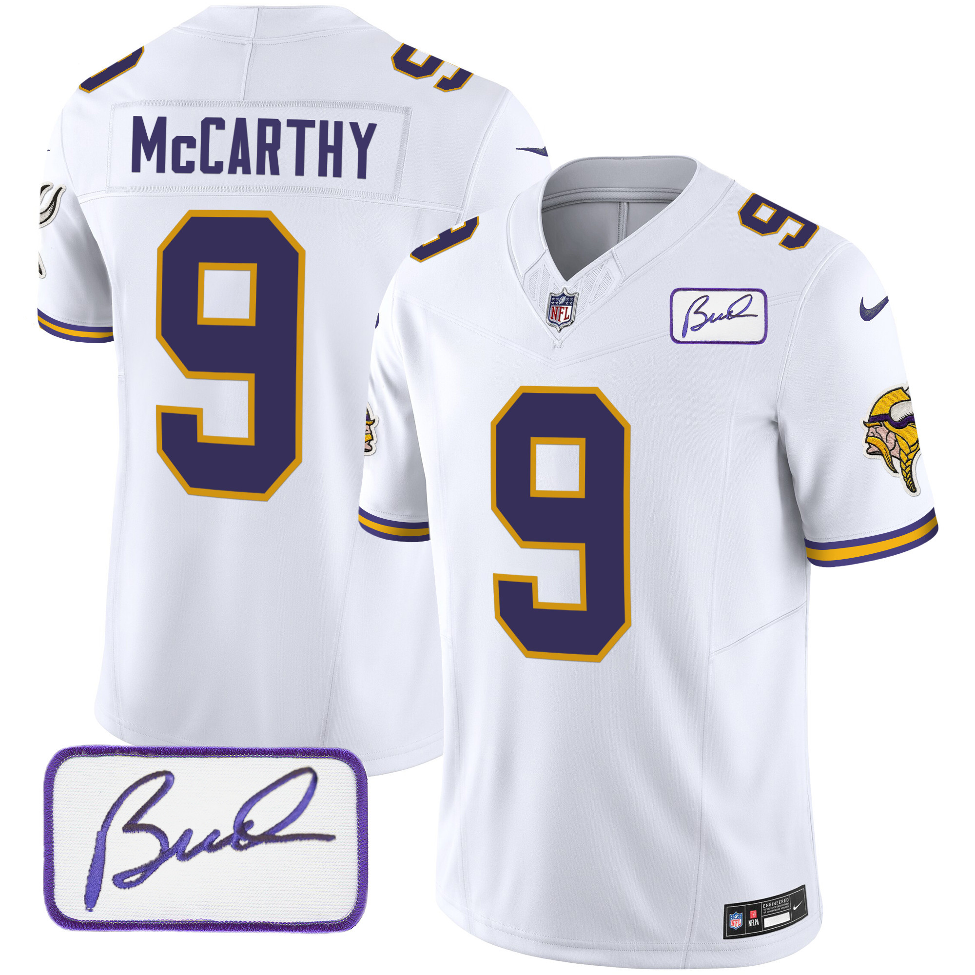 J.J. McCarthy Men's Minnesota Vikings Bud Grant Patch Classic Limited V3 White Jersey - All Stitched
