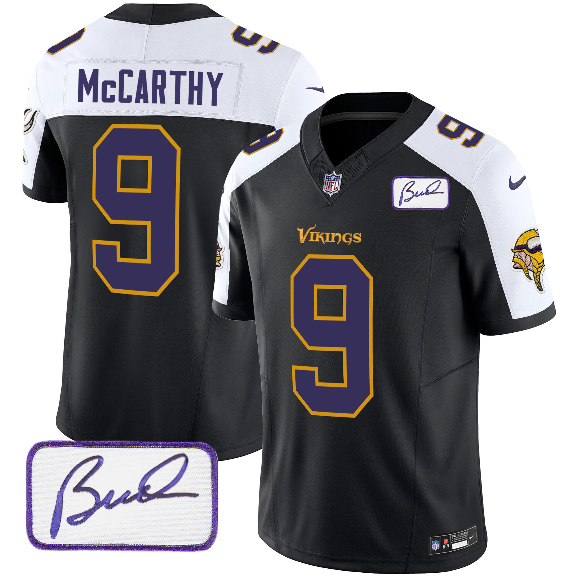 J.J. McCarthy Men's Minnesota Vikings Bud Grant Patch Classic Limited V6 Black Alternate Jersey - All Stitched