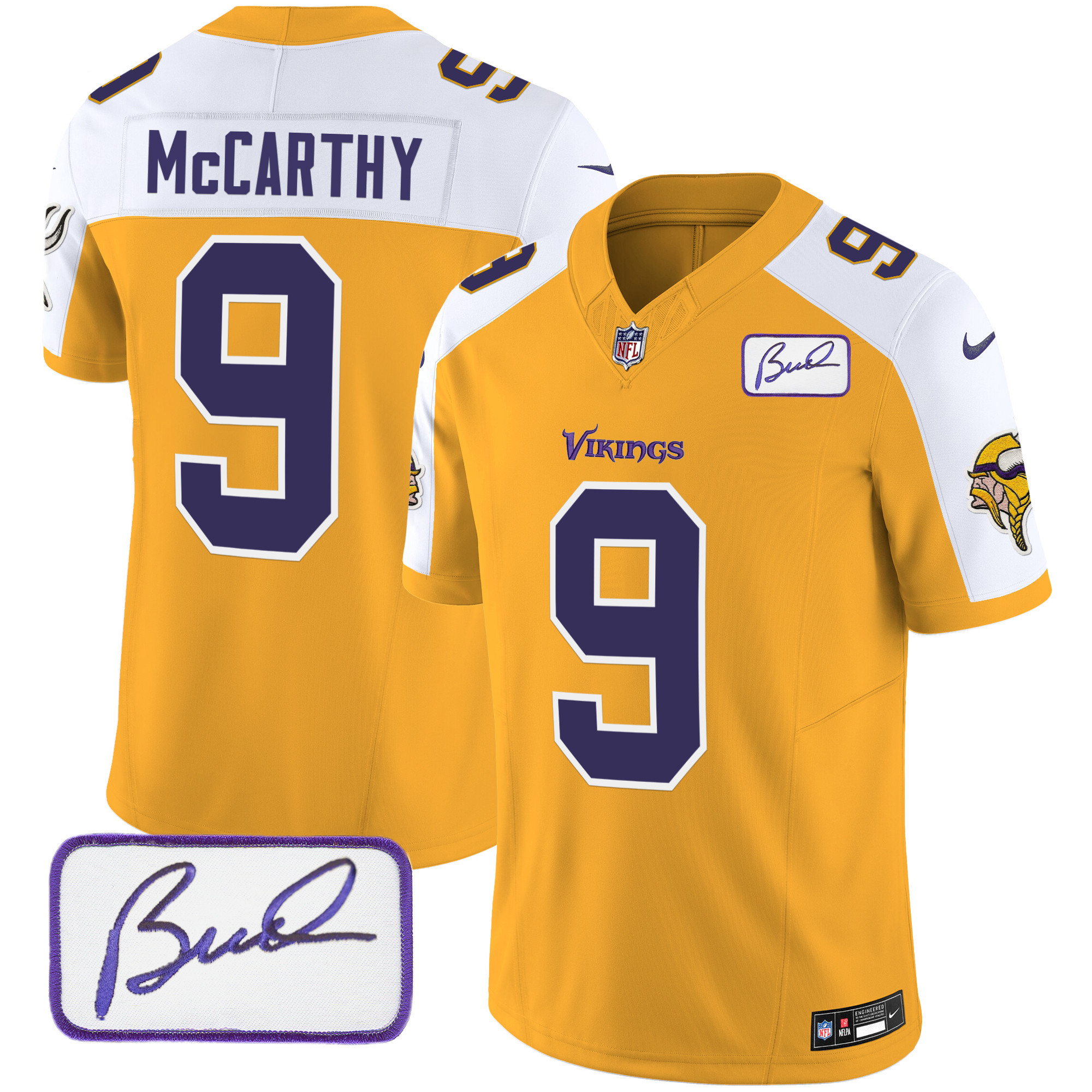 J.J. McCarthy Men's Minnesota Vikings Bud Grant Patch Classic Limited V6 Gold Alternate Jersey - All Stitched