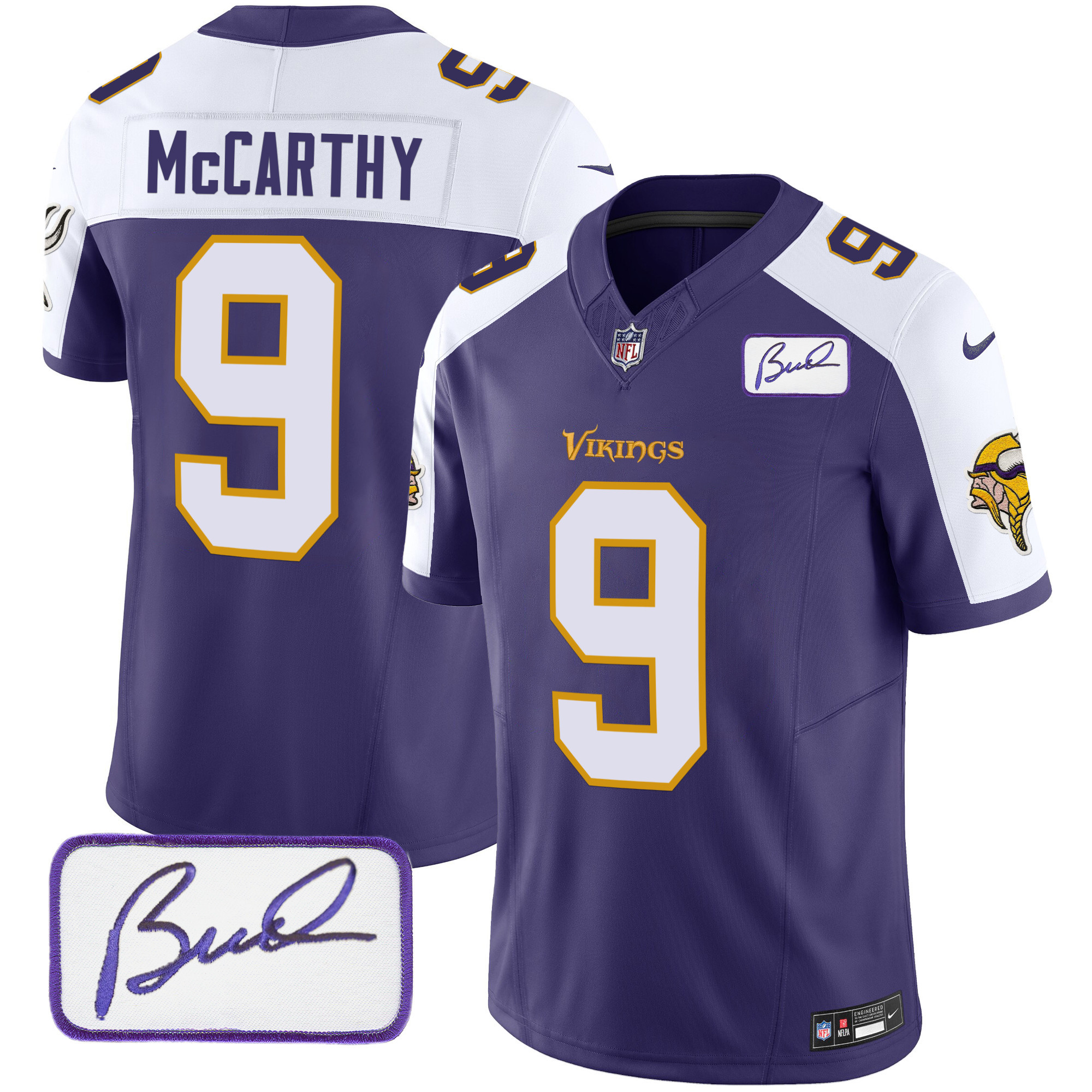 J.J. McCarthy Men's Minnesota Vikings Bud Grant Patch Classic Limited V6 Purple Alternate Jersey - All Stitched - Image 1