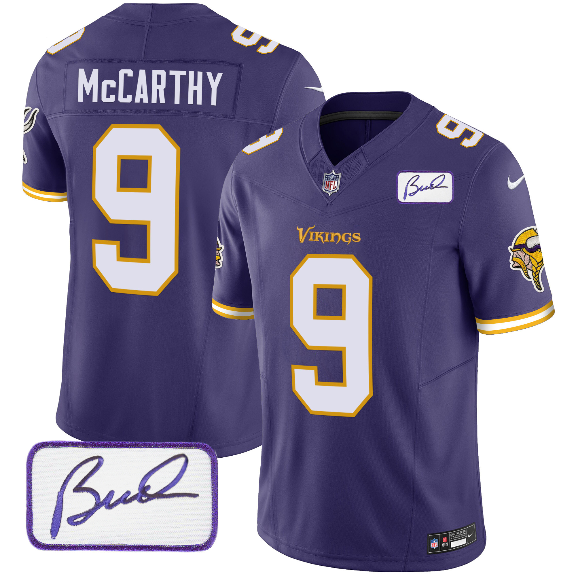 J.J. McCarthy Men's Minnesota Vikings Bud Grant Patch Classic Limited V6 Purple Jersey - All Stitched