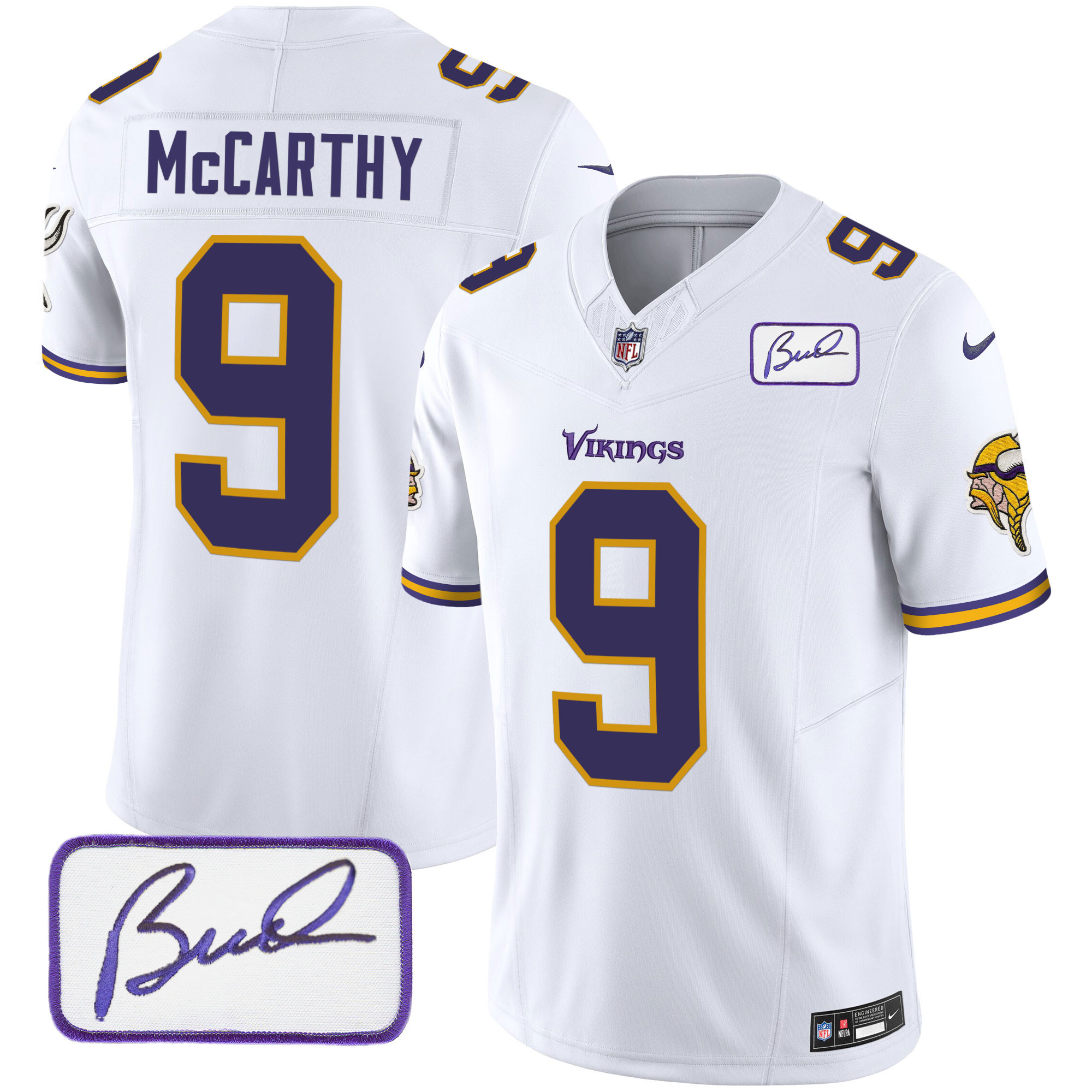 J.J. McCarthy Men's Minnesota Vikings Bud Grant Patch Classic Limited V6 White Jersey - All Stitched