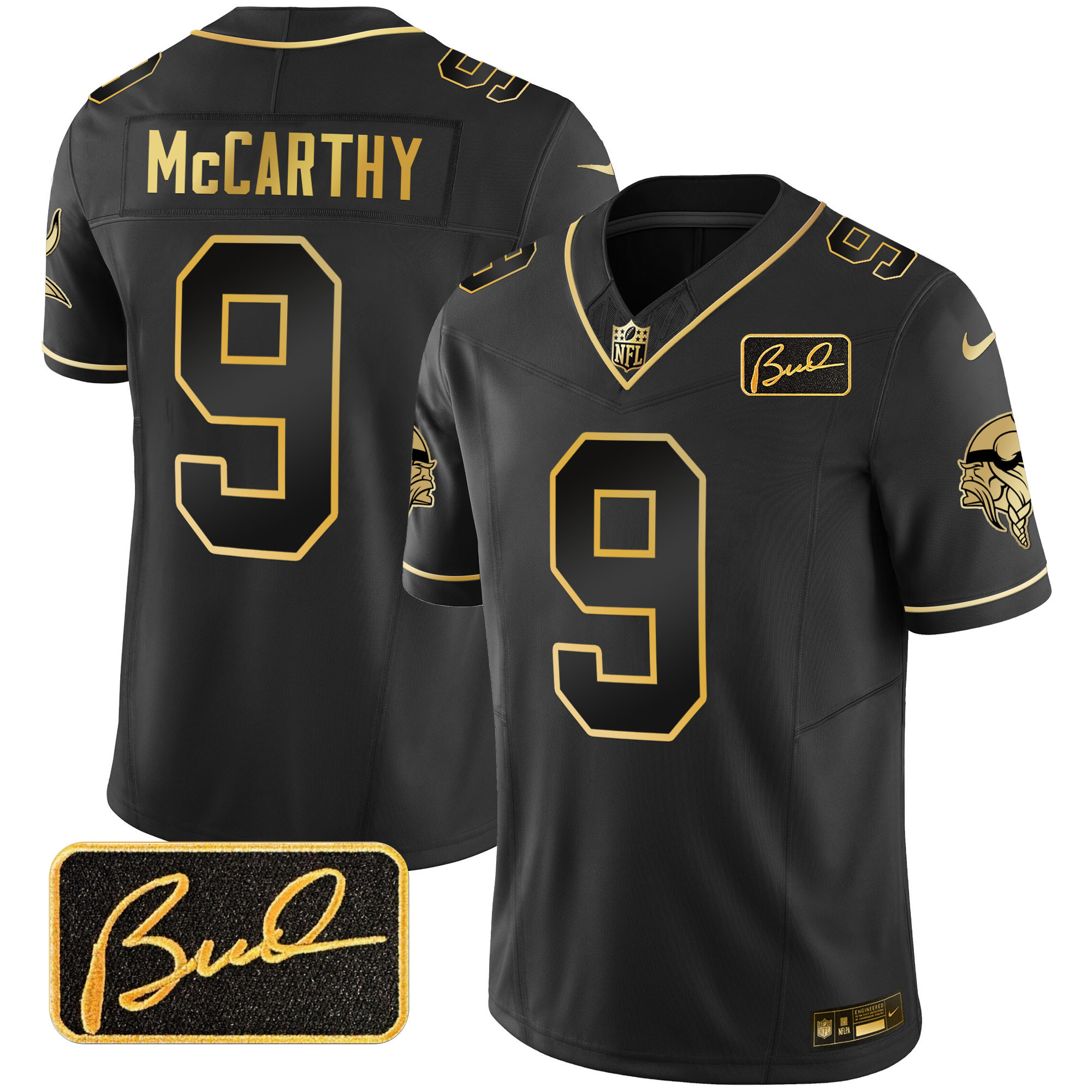 J.J. McCarthy Men's Minnesota Vikings Bud Grant Patch Gold Limited V2 Black Gold Jersey - All Stitched
