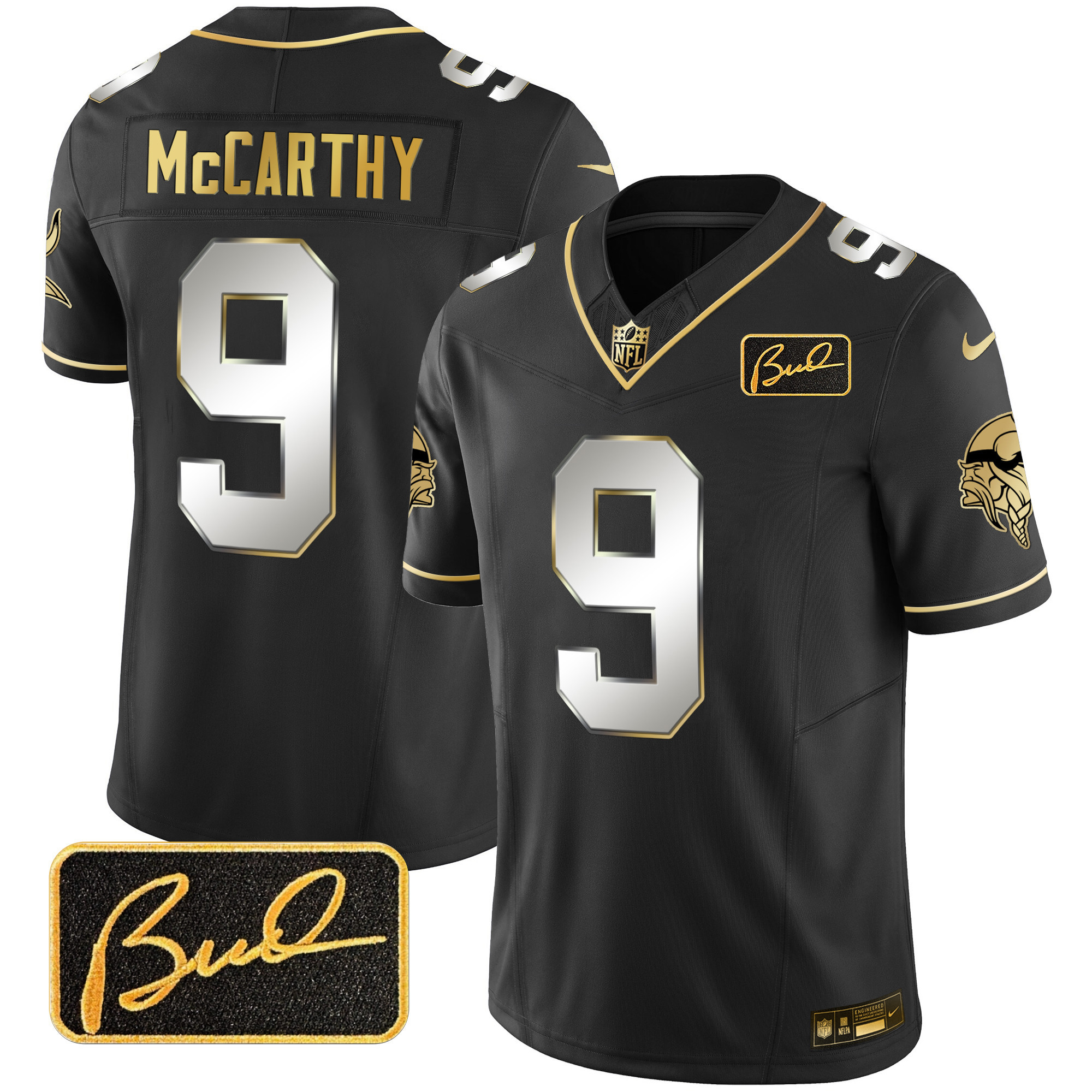 J.J. McCarthy Men's Minnesota Vikings Bud Grant Patch Gold Limited V2 Black Limited Jersey - All Stitched
