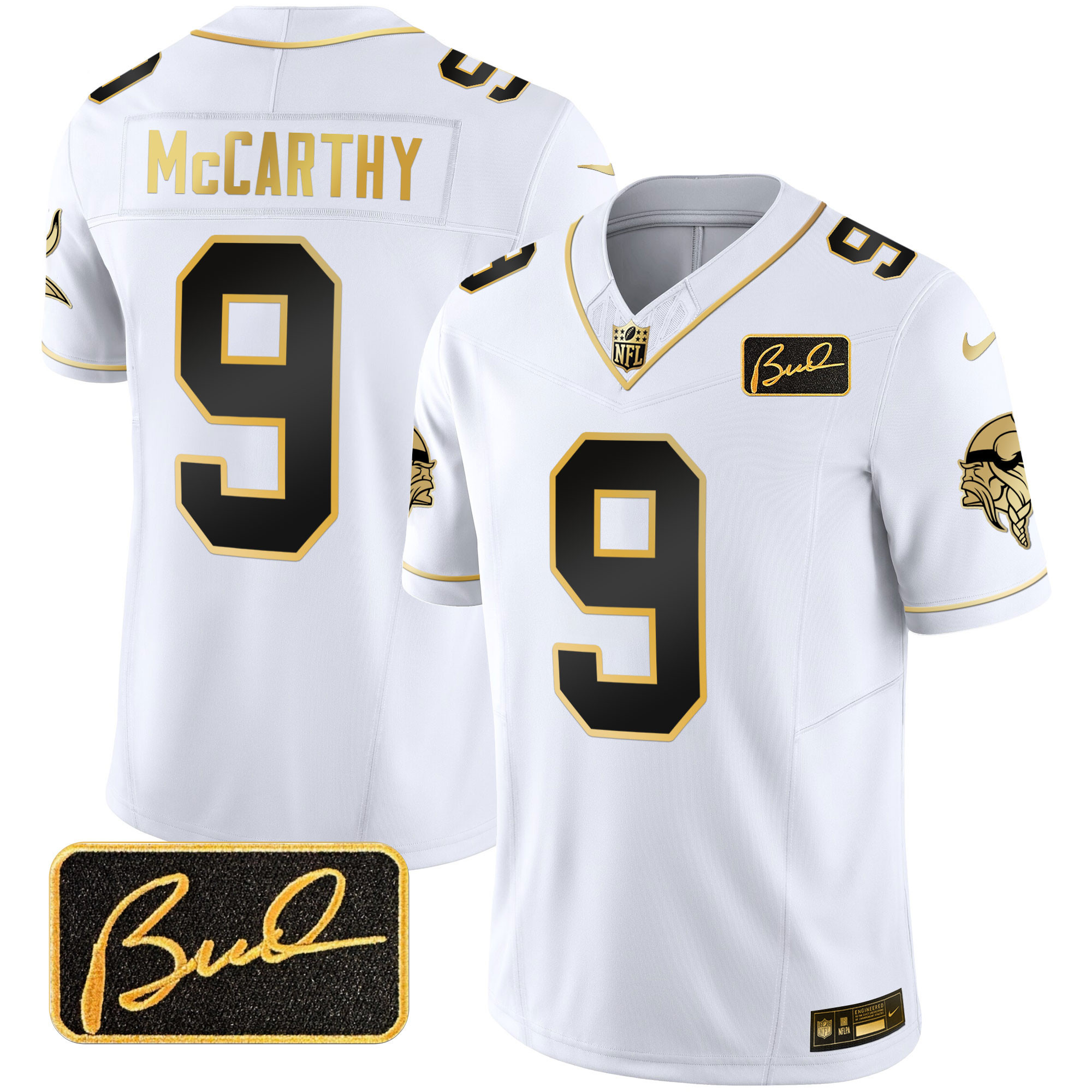 J.J. McCarthy Men's Minnesota Vikings Bud Grant Patch Gold Limited V2 White Gold Jersey - All Stitched