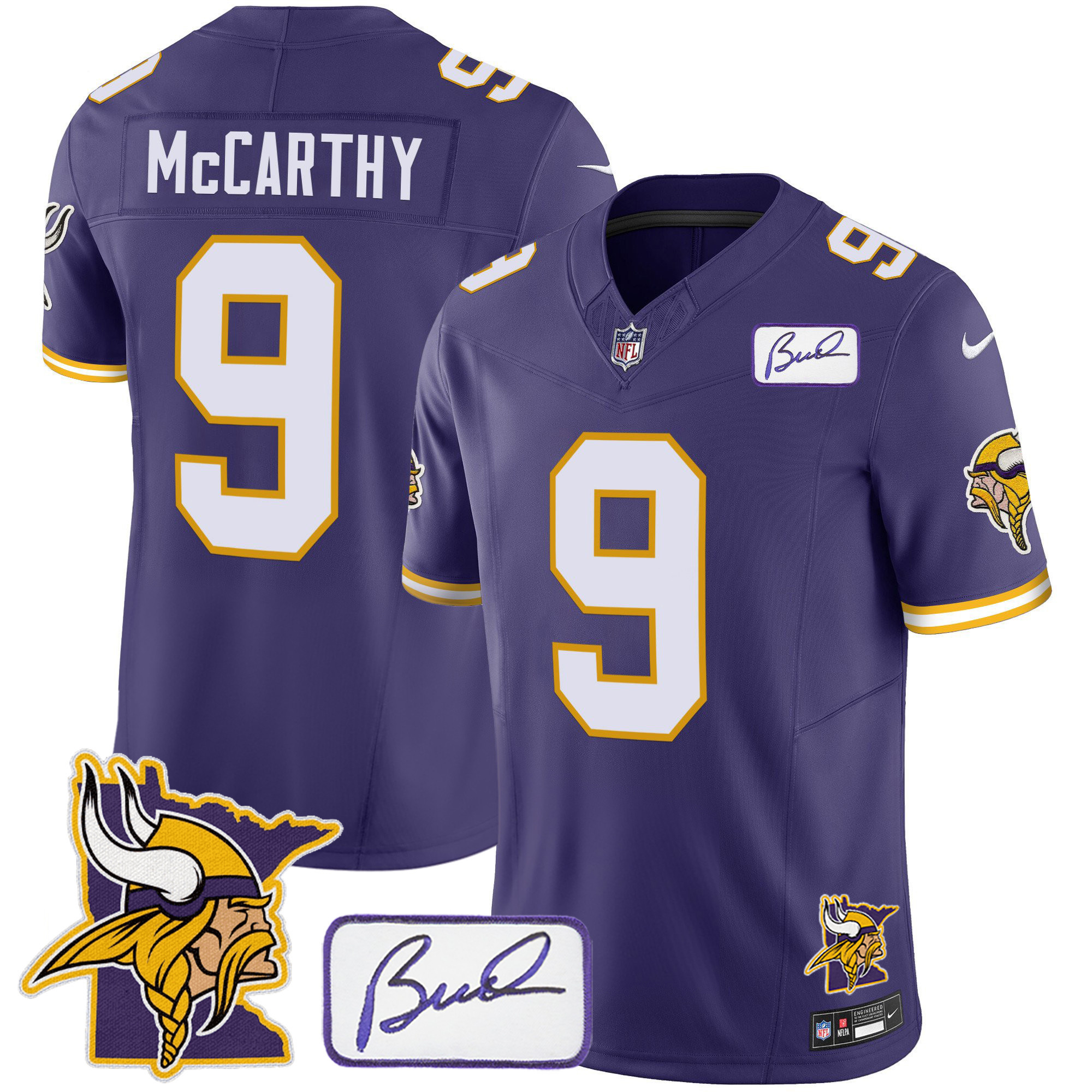 J.J.Mccarthy Men's Minnesota Vikings Bud Grant & Minnesota Patch Classic Limited Purple Jersey - All Stitched