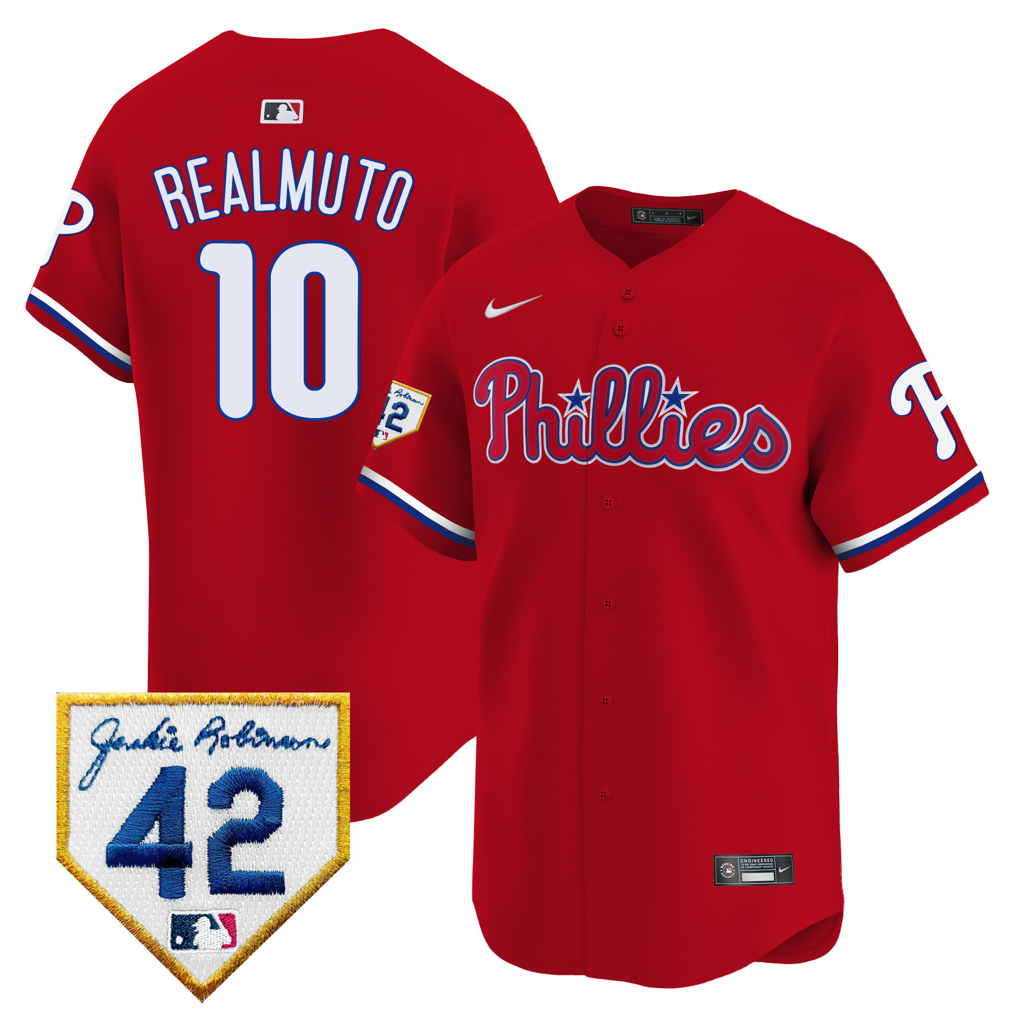 J.T. Realmuto Men's Philadelphia Phillies 2024 Jackie Robinson Patch Vapor Premier Limited Red Jersey - All Stitched