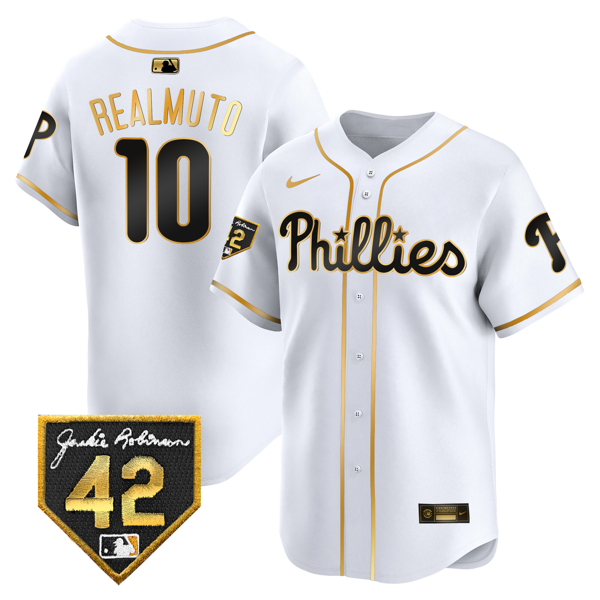 J.T. Realmuto Men's Philadelphia Phillies 2024 Jackie Robinson Patch Vapor Premier Limited White Gold Jersey - All Stitched