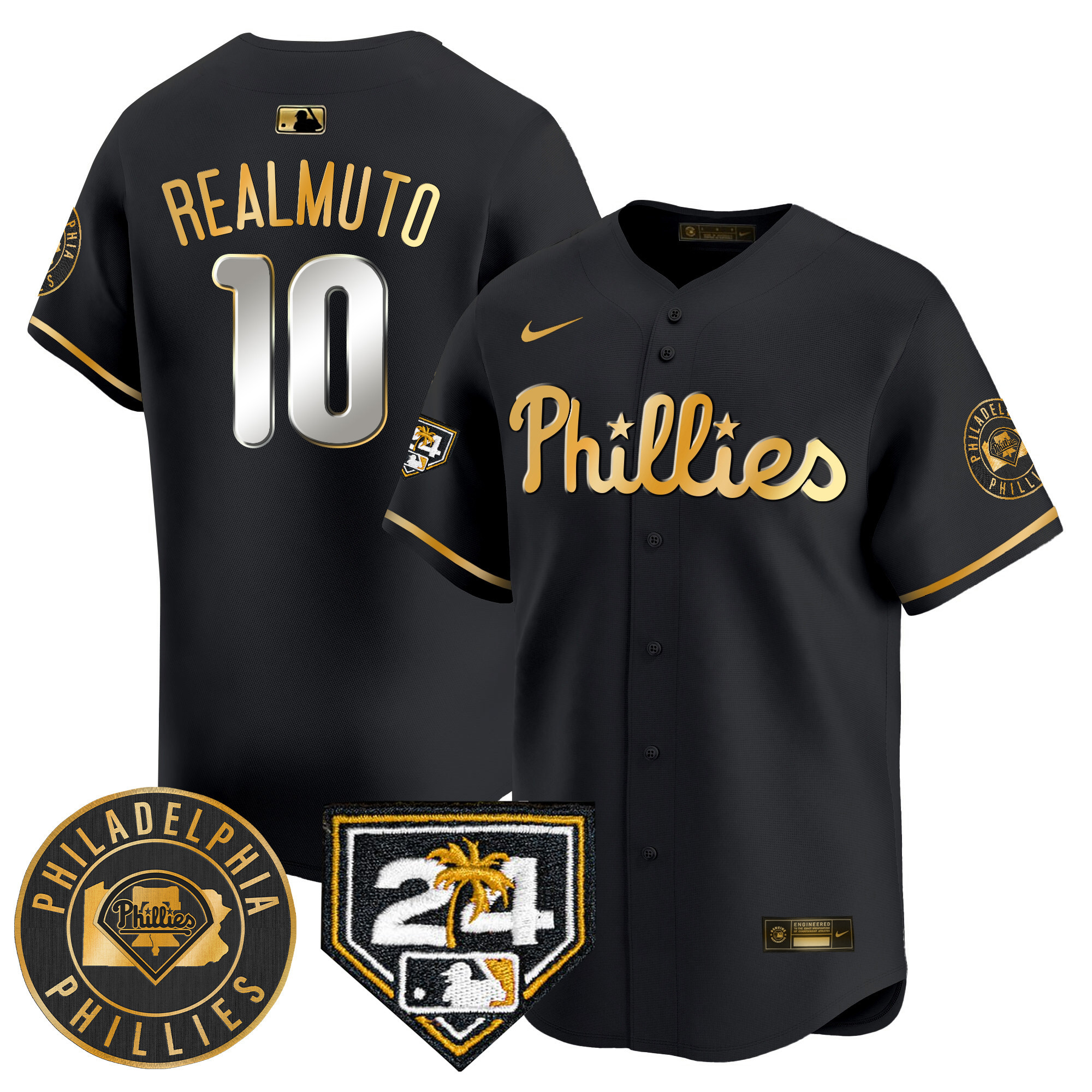 J.T. Realmuto Men's Philadelphia Phillies 2024 Spring Training Patch Vapor Premier Limited V2 Black Gold Jersey - All Stitched